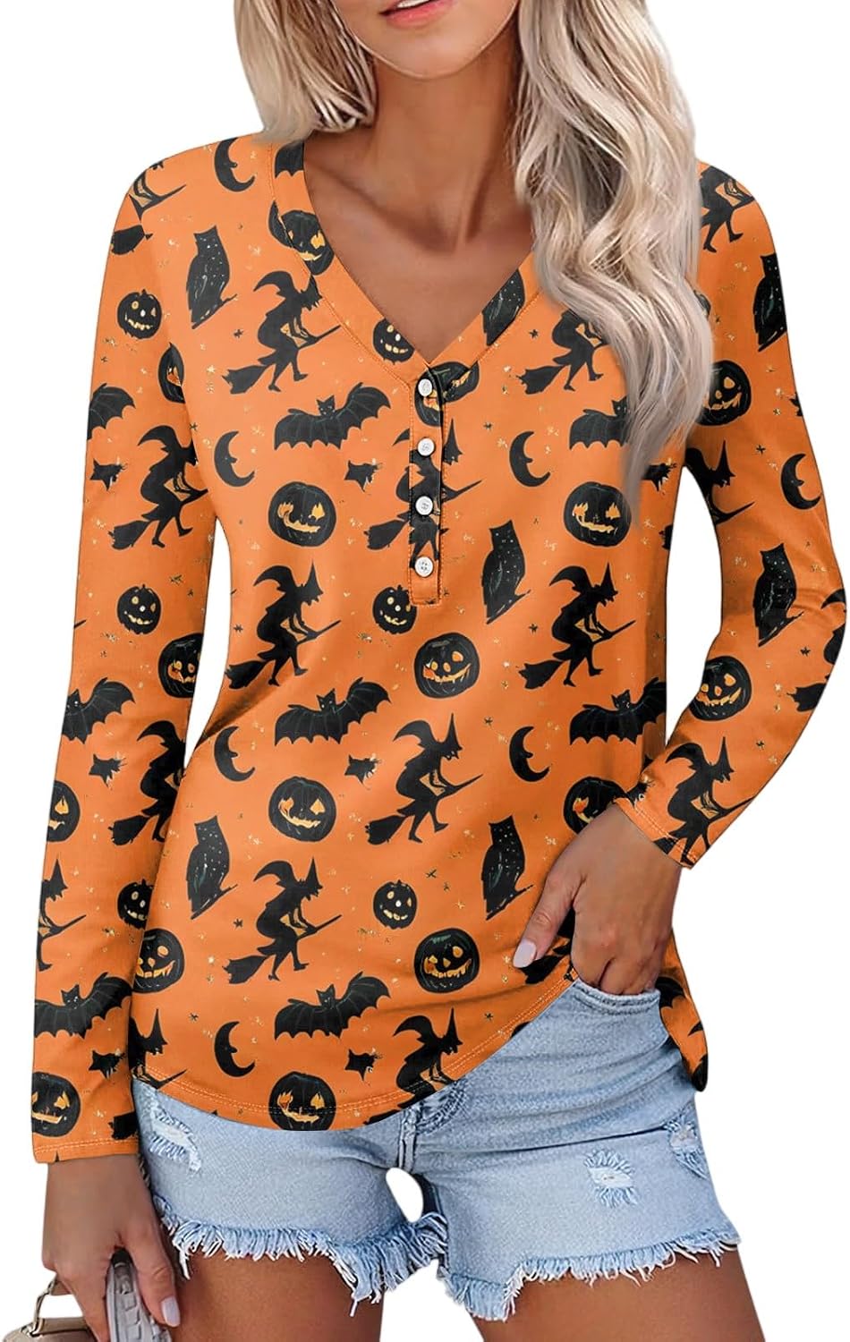 Ladies Long Sleeve Halloween and Christmas Decorative Button Tunic Basic V-Neck Casual Shirt Fashion Tops