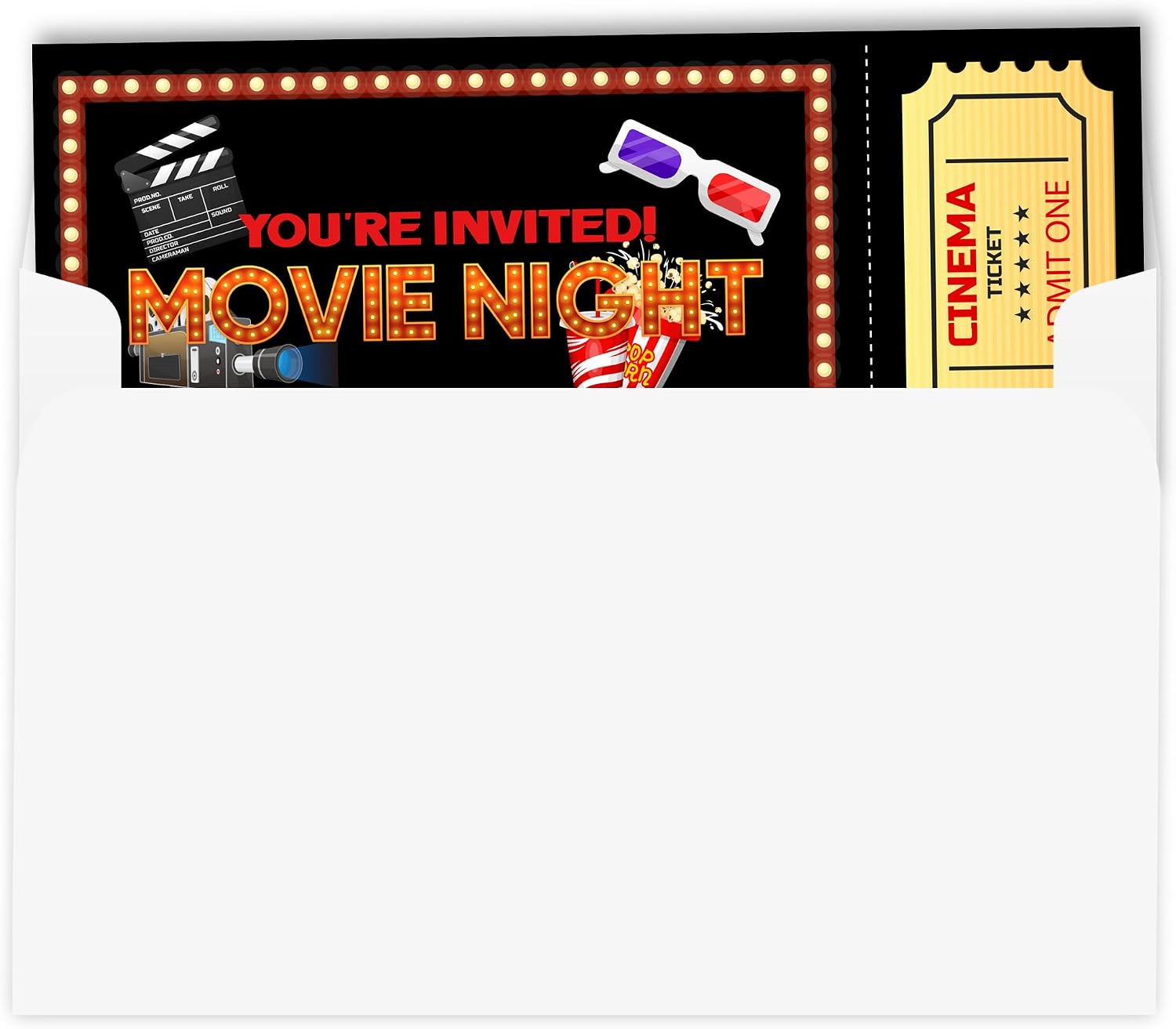 Movie Party Invitation Cards, Movie Night Invitations, Movie Ticket Birthday Invitations, Set of 30 with Envelopes