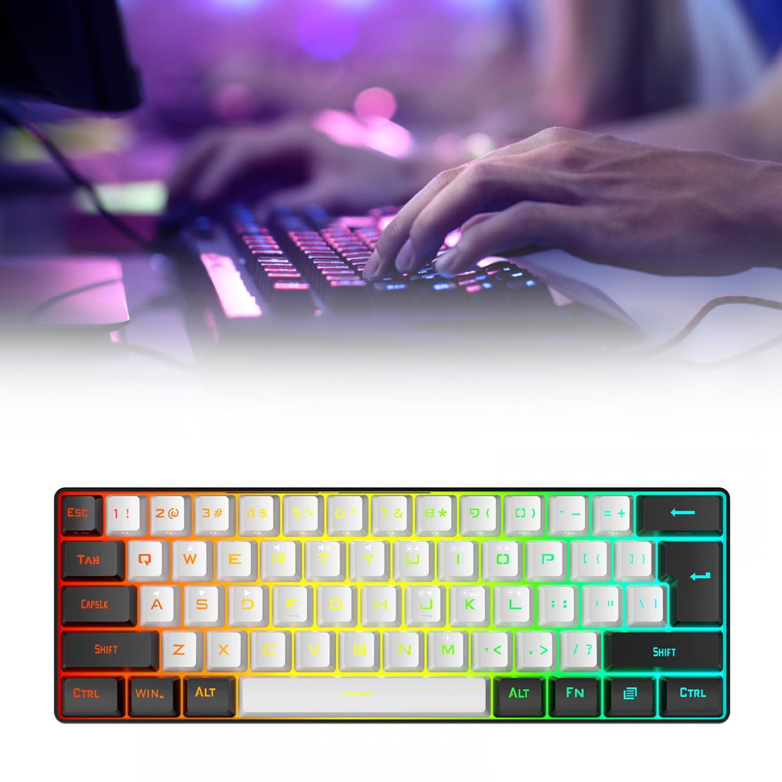 Sxhlseller 60% Mini Clavier de Jeu, 61 Touches Clavier USB Ergonomique rétroéclairé RVB, Clavier D'Ordinateur USB Filaire Programmable pour Ordinateur Portable de Bureau Windows (Blanc Noir)