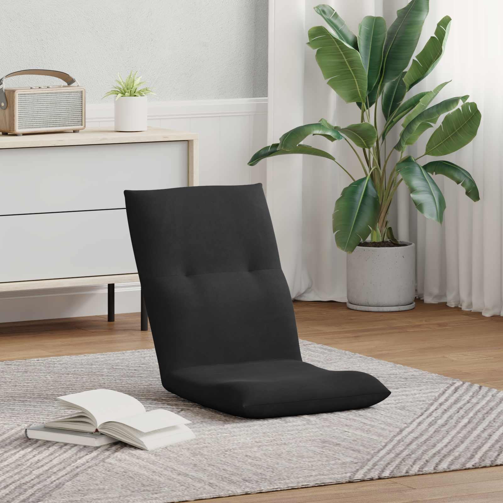 Regulowane czarne aksamitne krzesło podłogowe z ergonomicznym oparciem, wyściełane, składane, do salonu, gier, czytania, jogi, z trwałą metalową ramą, uniwersalne, wygodne