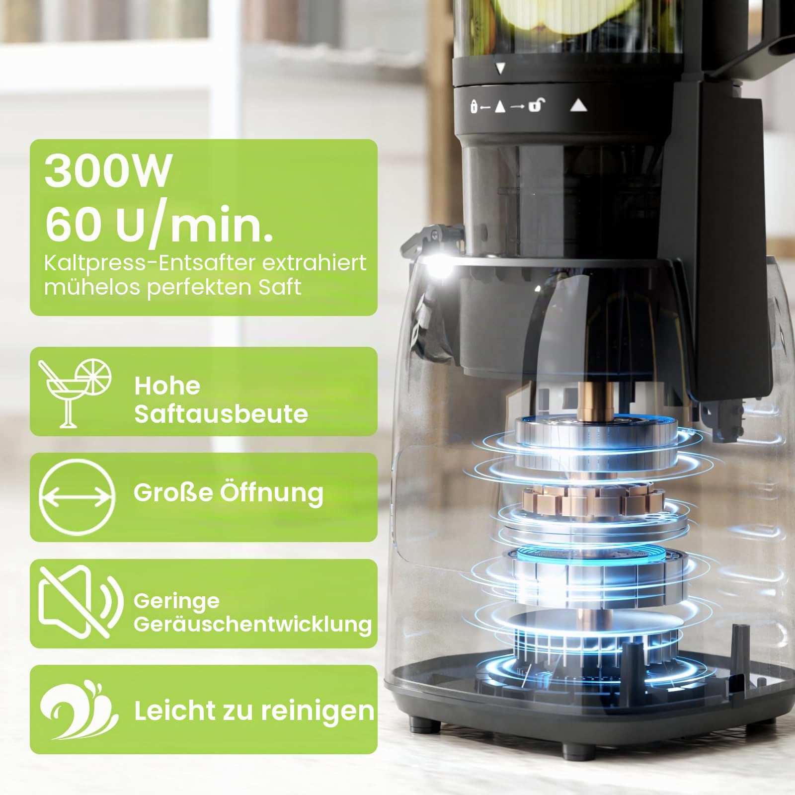 Kismile Kaltpress-Entsafter mit modernem Touchscreen, 13,5 cm XL-Futter, leicht zu reinigen, BPA-frei, hohe Ergiebigkeit, langsamer Entsafter für ganzes Obst und Gemüse, 300 W Masticating Juicer