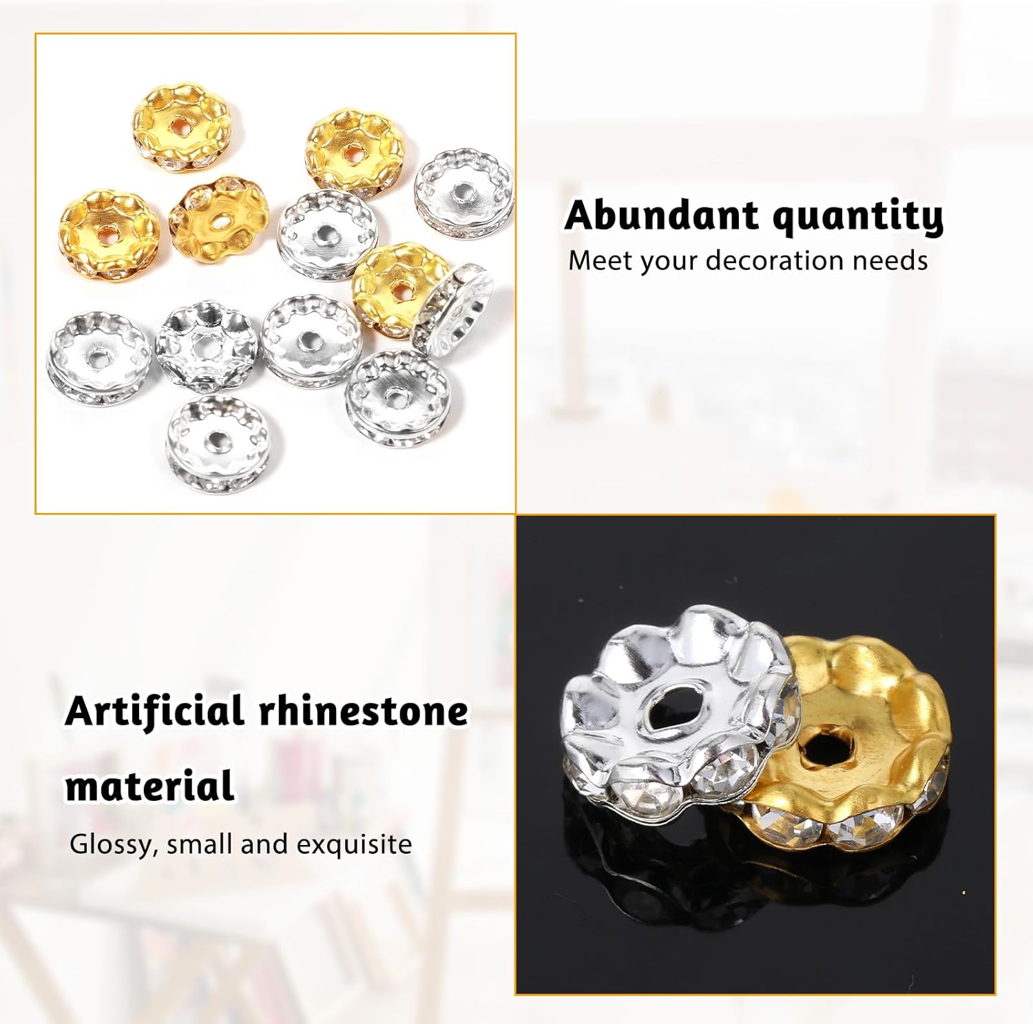 100 Pcs 12mm Silver and Gold Rondelle Spacer Beads Rhinestone Crystal for Jewelry Making, Fancy Sparkle Crystal Spacer Beads for DIY Pens Bracelet Jewelry Making - Image 6