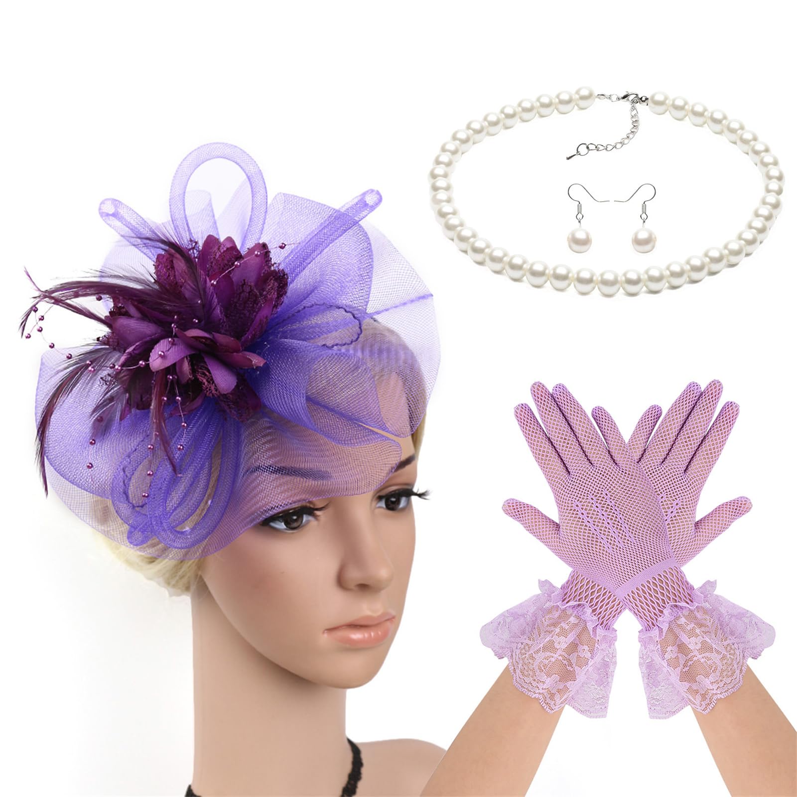 MICFENY French Hat with Neckwear Gloves Earrings 4in1 Set For Horse Racing Event and Halloween Party Dressingup Headpiece
