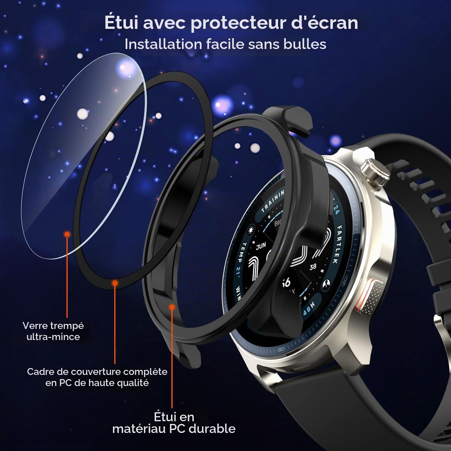 ivoler 3 Pièces Coque Dur PC pour Amazfit Balance 2, Couverture Complète Protection écran en Verre Trempé Étui de Protection Antichoc, Mince Anti-Rayures Bumper Housse (2 Transparent + 1 Noir)