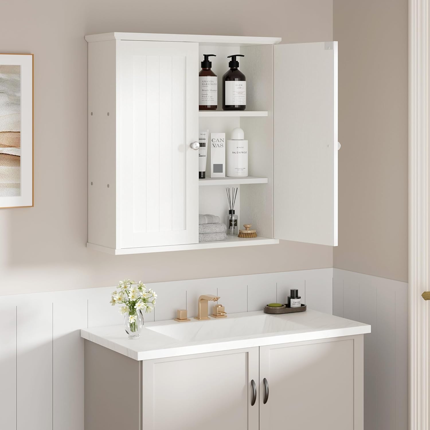 shintenchi bathroom wall medicine cabinet with 2 door, bathroom storage organizer over the toilet,space saving storage with 3-tier shelves,solid white solid white 1 pcs