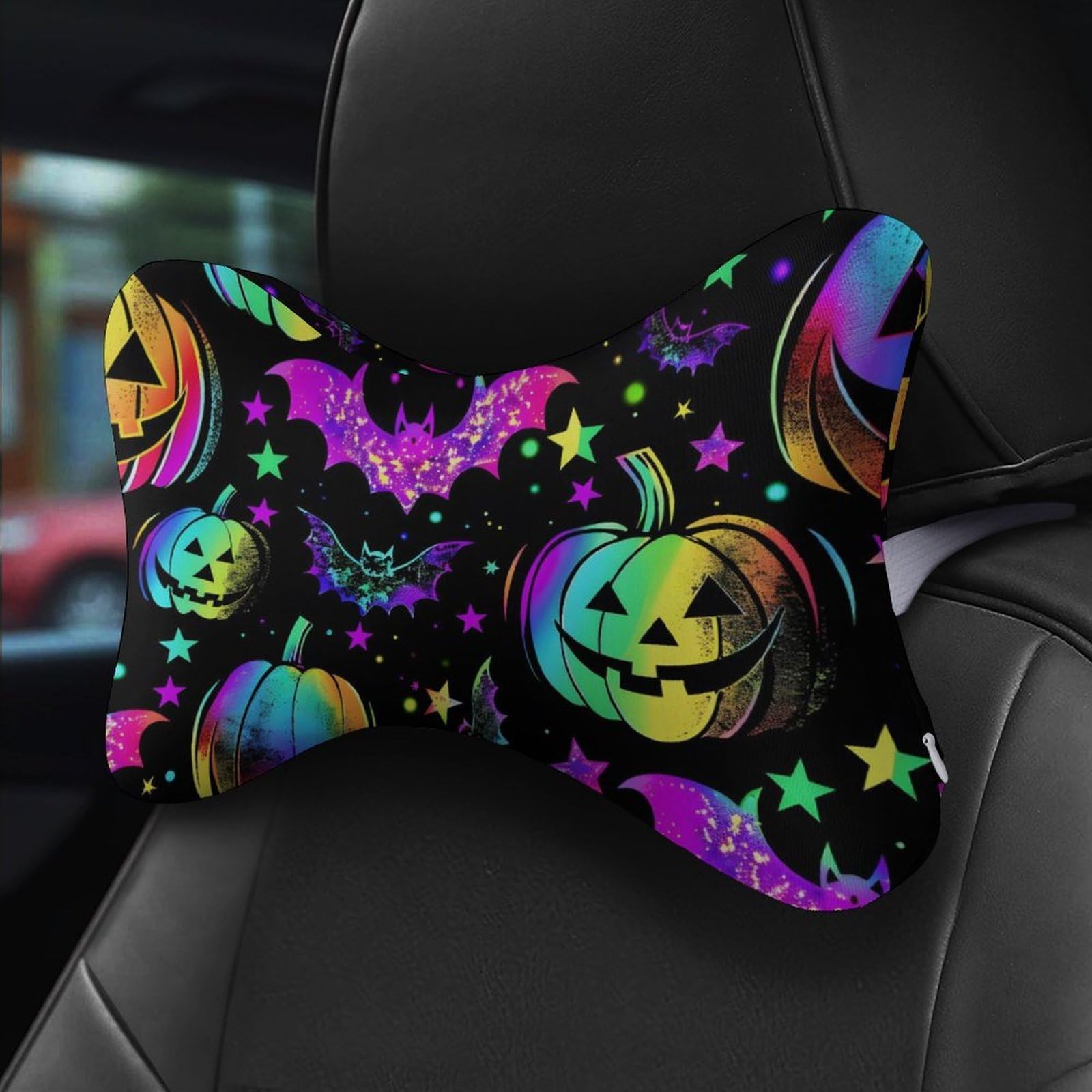 SMAZDFXX Colorful Pumpkin Head Bats Stars Halloween Car Neck Pillow Set of 2 Car Seat Head Support Cushion Bone Pillows with Elastic Strap