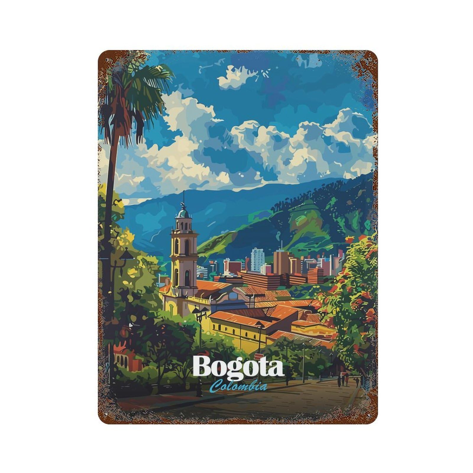 Aged Metal Wall Plaque with Bogota, Colombia Cityscape Illustration Design 15.7"x11.8", for Pub, Kitchen And Man Cave Decor, Shabby Chic Decor