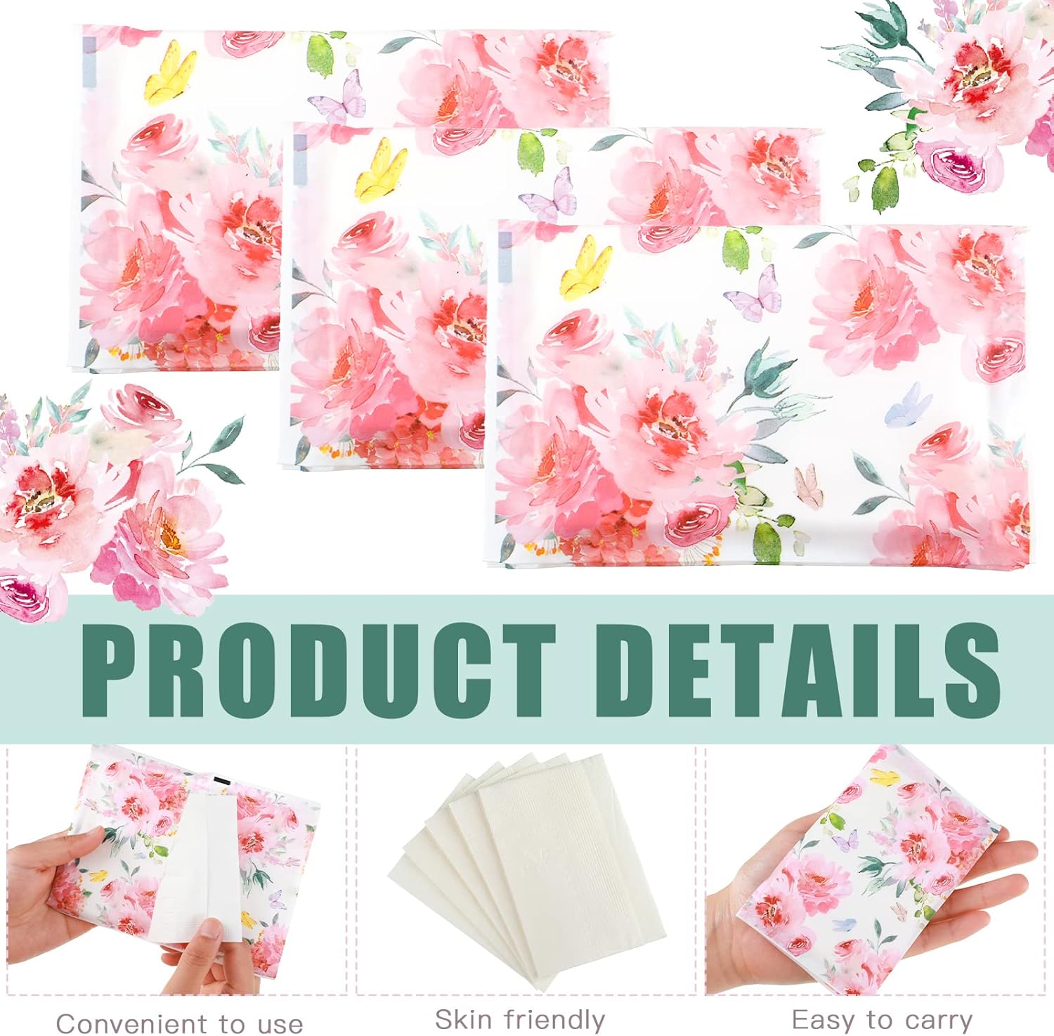 Geyee 50 Packs Tissue Travel Size Facial Paper Napkins Travel Packs Disposable Pocket Tissues for Wedding Guest Traveling School Purse Home Supplies, 500 Sheets 3 Ply(Spring Floral) - Image 3