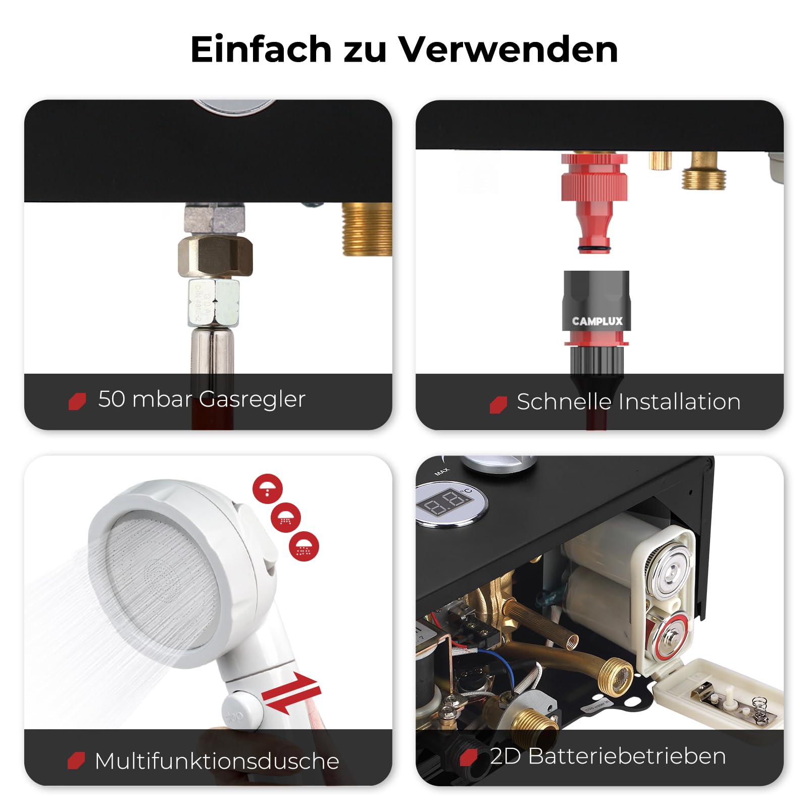 CAMPLUX BW158BC-DE Tankless Gasdurchlauferhitzer mit Regenhaube, Tragbar LPG Durchlauferhitzer, 6 Liter, 12kW, 50mbar, Campingdusche