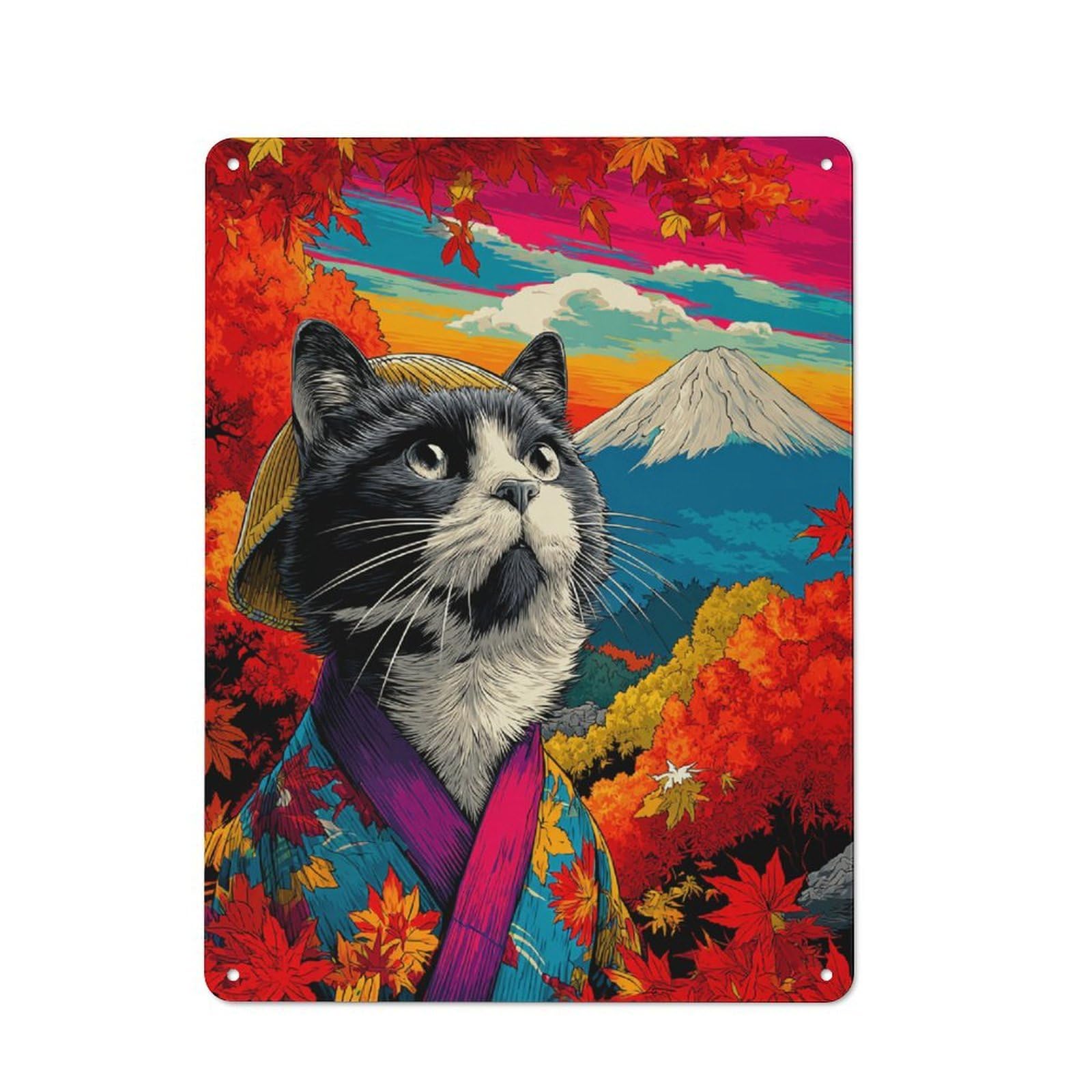 Junmoney Japanese Cat In Autumn Kimono Vintage Tin Sign 40X30cm, Rustic Bistro Wall Plaque For Kitchen, Cafe, Pantry Or Dining Room