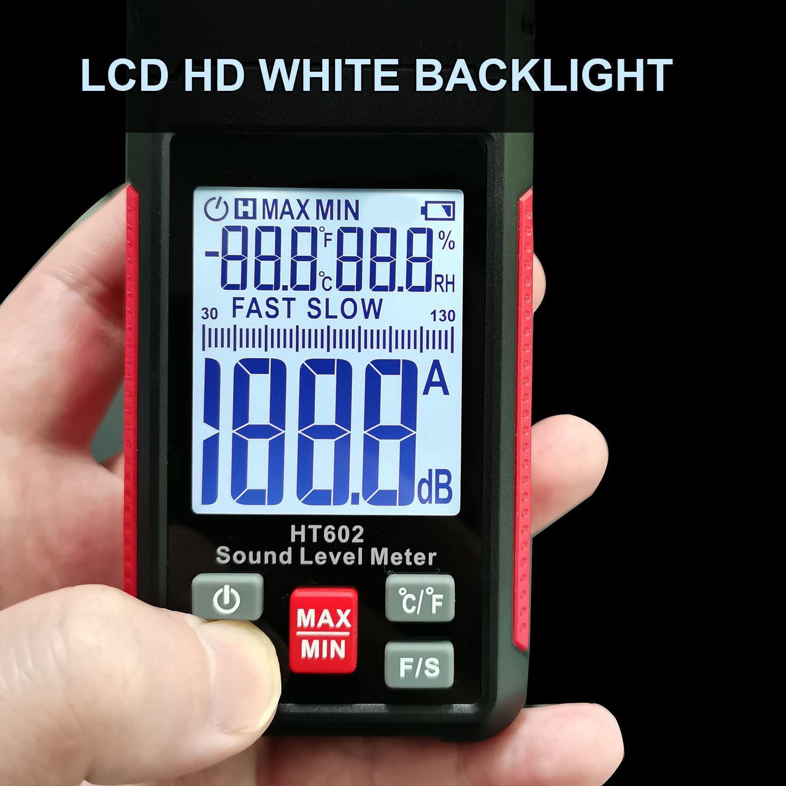 HT602A Przenośny miernik dźwiękowy 30-130 dB z podświetlanym wyświetlaczem LCD i ważeniem, max/min, zapisywanie danych, szybki/wolny do domu, głośny sąsiad