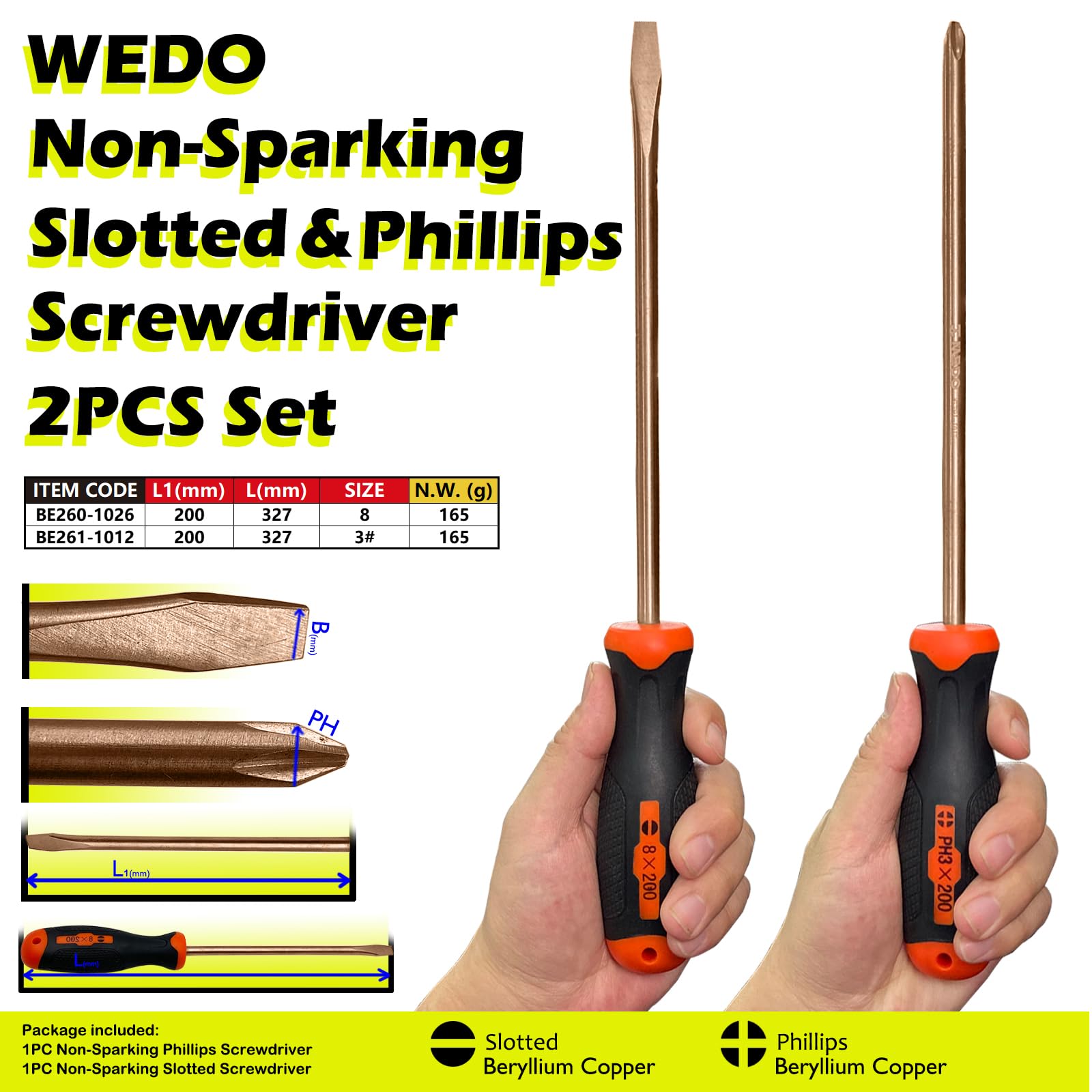 WEDO Juego de 2 destornilladores sin chispas, cabeza plana de 8 x 200 mm, cabeza Destornillador de estrella PH3 de 200 mm, cobre berilio, no magnético, mango de fibra de vidrio