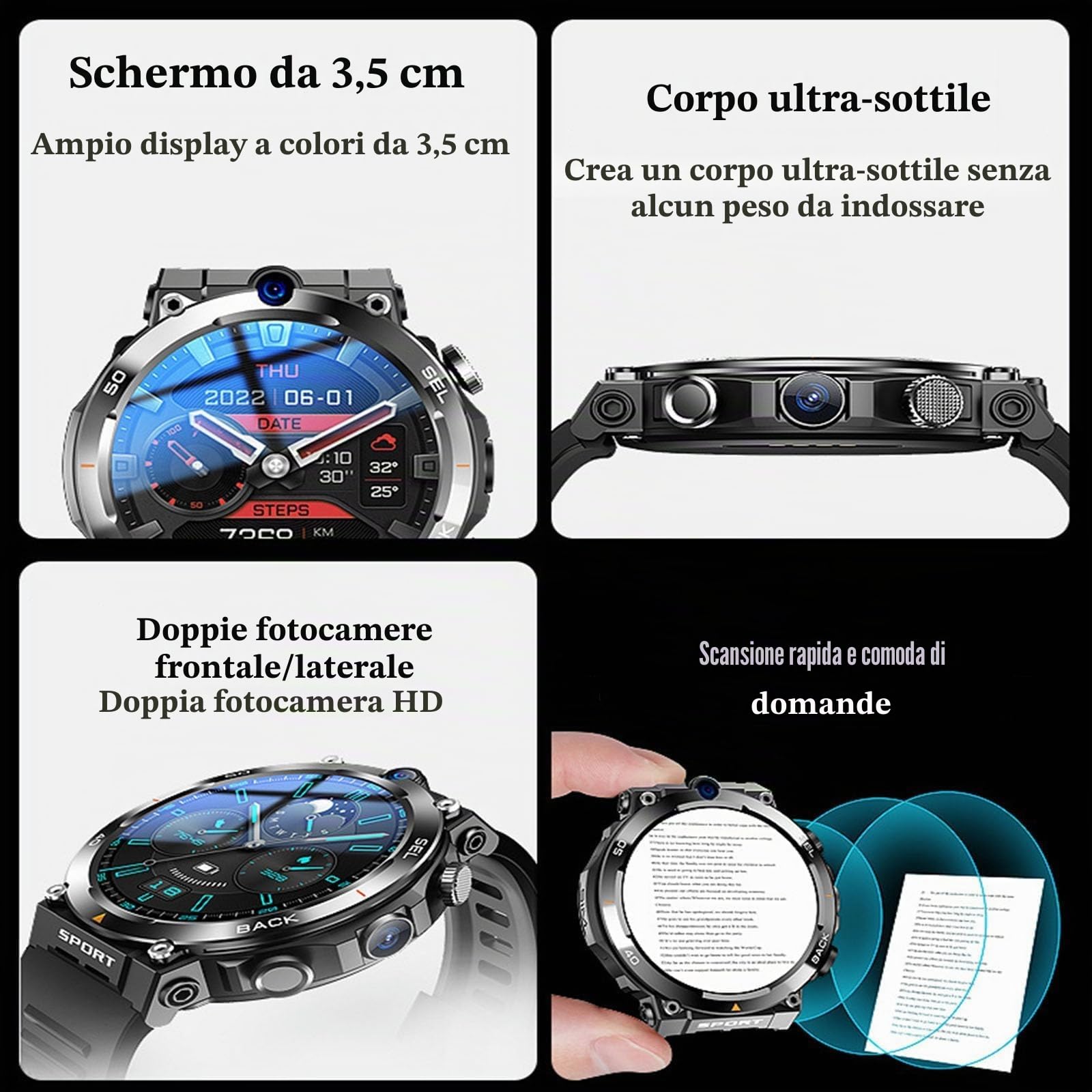 Smart Watch 4G SIM Card, Smart Watch uomo, schermo rotondo 1,39 pollici, chiamate, doppia fotocamera, NFC