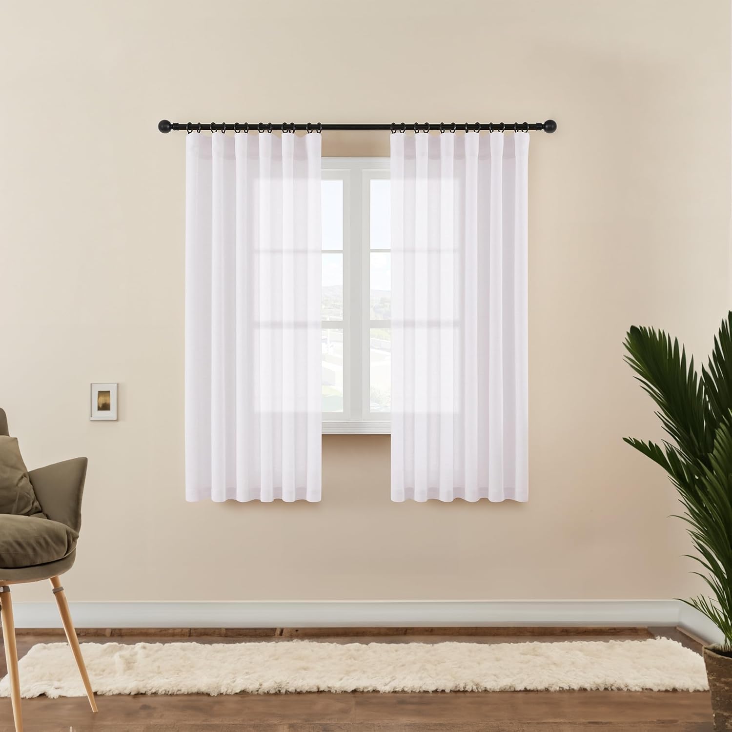 DaysU White Linen Curtains 45 Inches Long for Cafe Bedroom Bathroom 2 Panels, Rod Pocket Hook Belt Decorative Short Semi Sheer Window Treatment Drapes White 54"Wx45"L