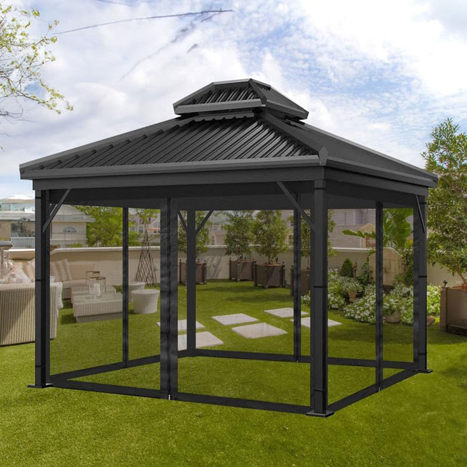 Zanzariere per Gazebo 3 * 3m, 4 Pannelli Tende Zanzariera di Ricambio Universale tenda con Cerniera e Chiusura a Strappo, Anti Vespe per patio, giardino, gazebo (solo zanzariera) (nero, 10 * 10ft)