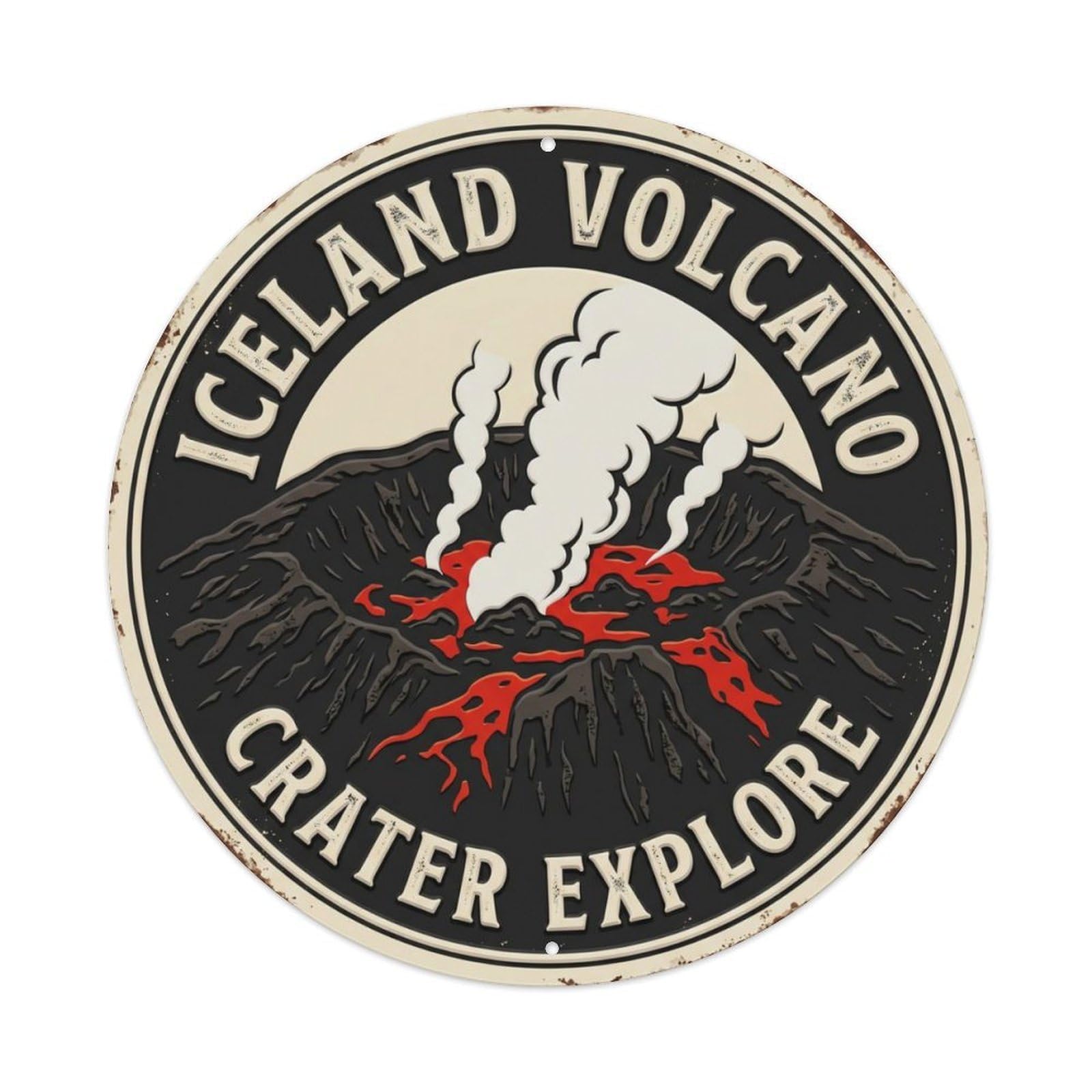 Volcano Crater Explore Iceland Geology Metal Tin Sign Plaque Wall Decor for Cafe, Club Bar, Office, Home Garden Round Metal Poster 8x8Inch