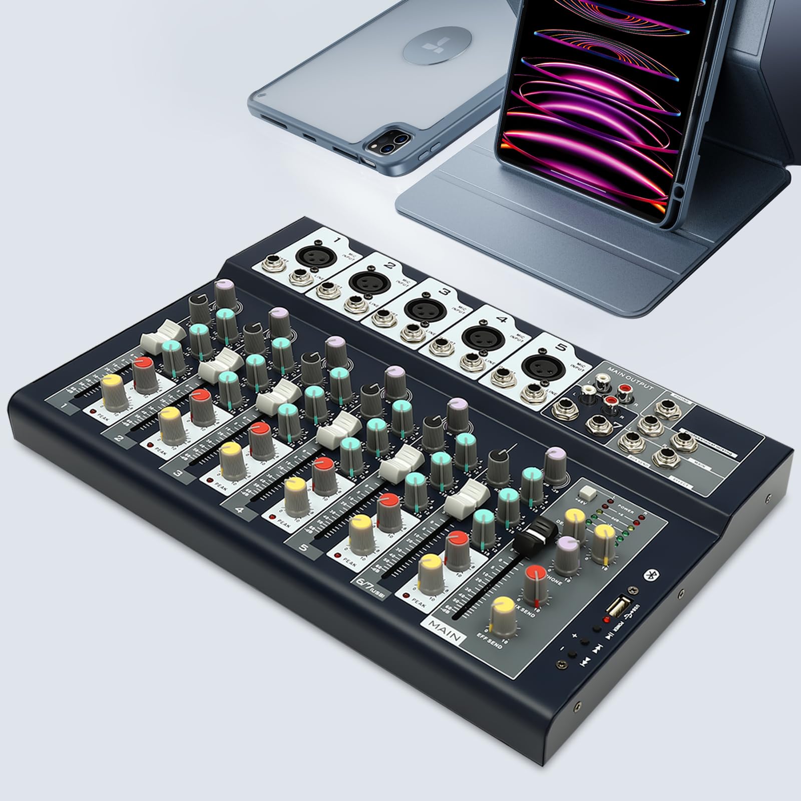 Mixer audio a 7 canali con Bluetooth e USB, alimentazione phantom da 48 V, equalizzatore a 3 bande, 5 effetti sonori, mixer stereo digitale per karaoke domestico, podcast, streaming live, band