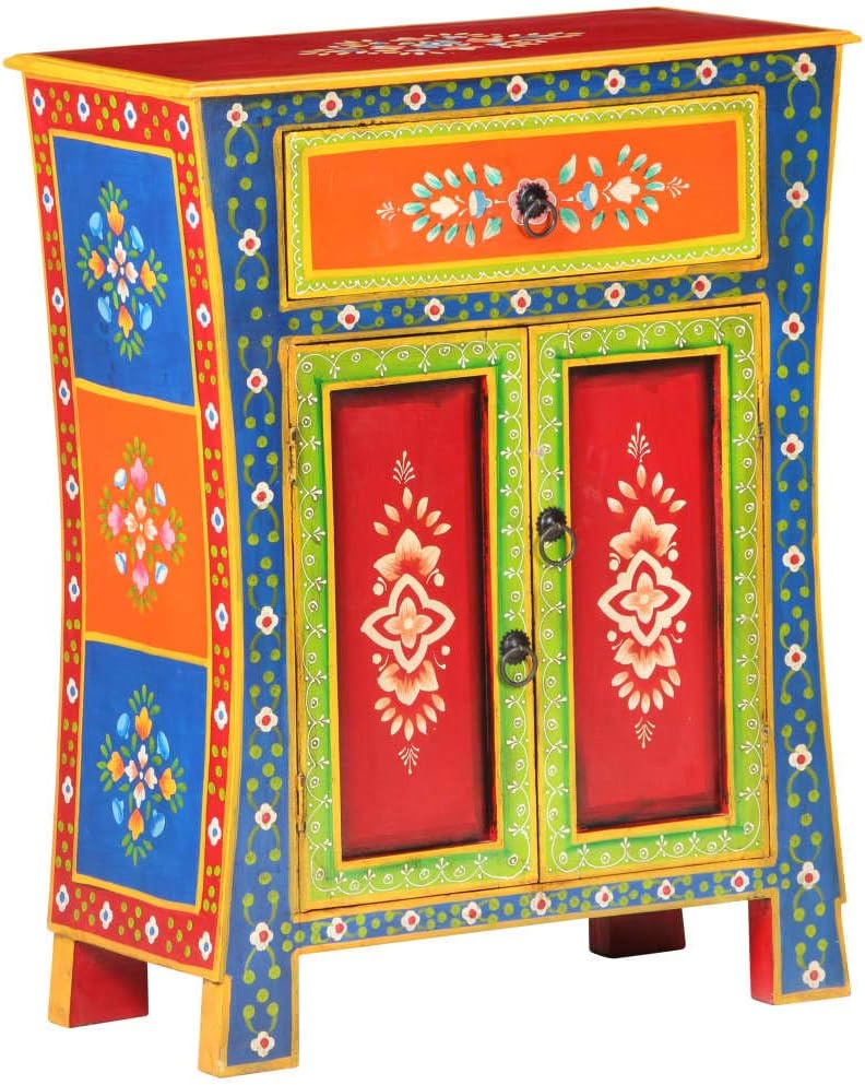 Hand Painted Mango Wood Sideboard Cabinet 23.6x11.8x29.5 Inches Solid Wood Storage with Doors and Drawer