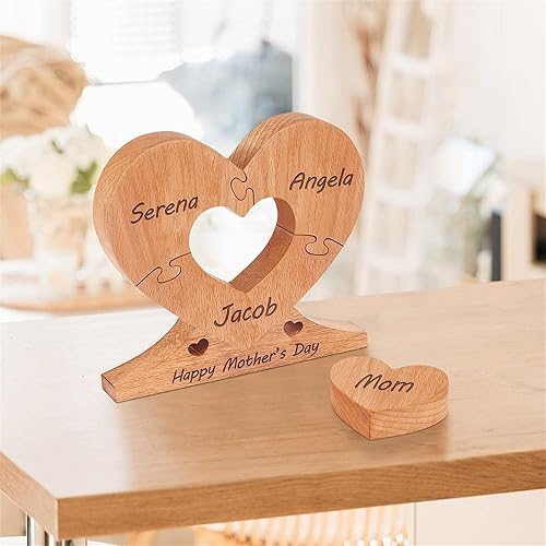 Miniatura 3 de Rompecabezas de corazón de madera personalizado para mamá, nombre grabado personalizado con 1-8 rompecabezas de corazón familiar, día de la madre,