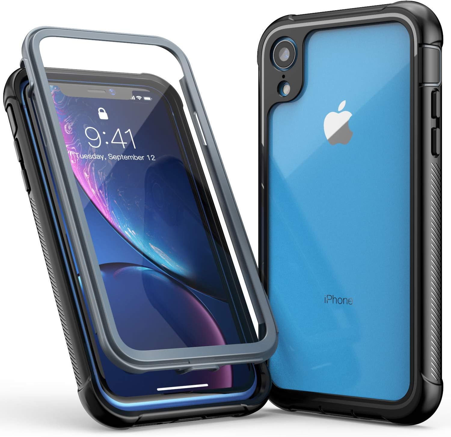 Clear Designed Case for iPhone XR Case, Full-Body Rugged Clear Bumper Case with Built-in Screen Protector for Apple iPhone XR 6.1 Inch (2018 Release) (Black+Clear)