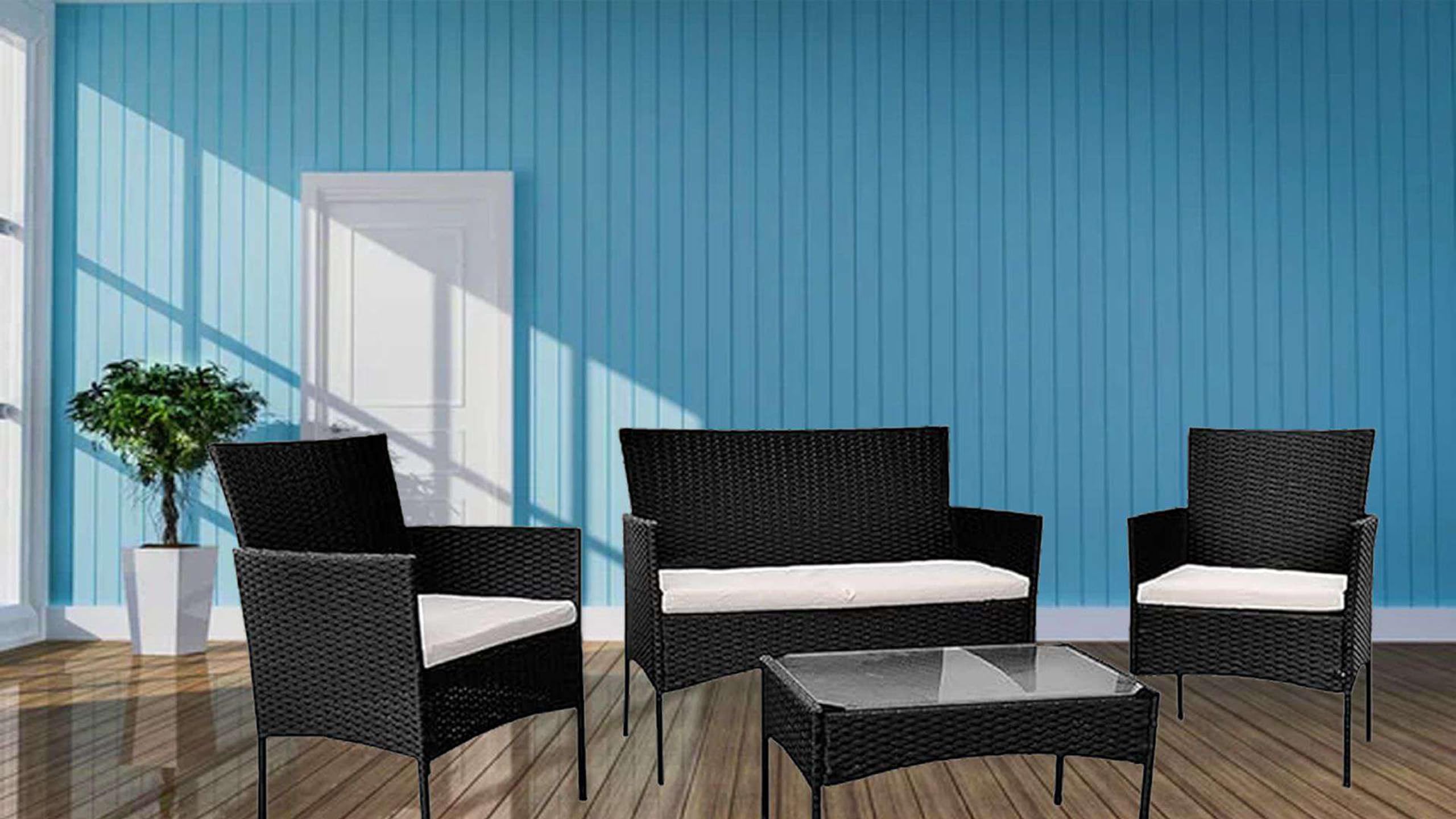 COSMO BUY 4 Piece Rattan Garden Furniture Set Outdoor Patio Sofa, table and chairs Garden Table Ideal For Pool Side, Balcony, Outdoor and indoor Conservatory Patio Set (Black)