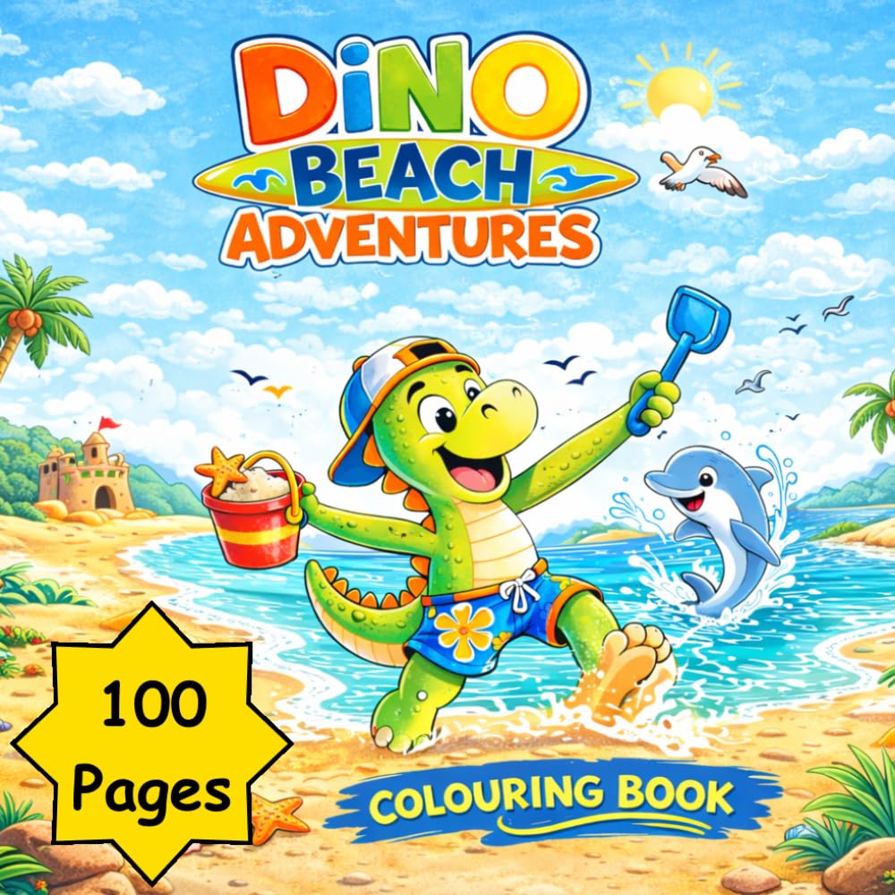 Dino Beach Adventures: Coloring Book: A Fun Summer Dinosaur Coloring Book for Kids Ages 4-8 with Beach Adventures, Sandcastles, Dolphins, and 100 Easy Pictures to Color