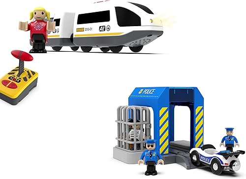 Z MAYABBO Accesorios de tren de madera de la estación de policía y el tren de control remoto se adapta al juego de pista de madera para niños