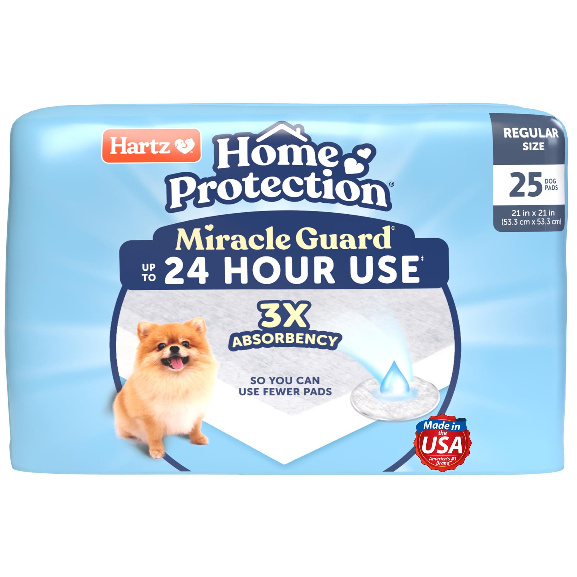 Hartz Home Protection Miracle Guard Dog Pads, Regular Size 25 Count, 3X Absorbency & 3X Longer use, Won't Leak and Odor Eliminating