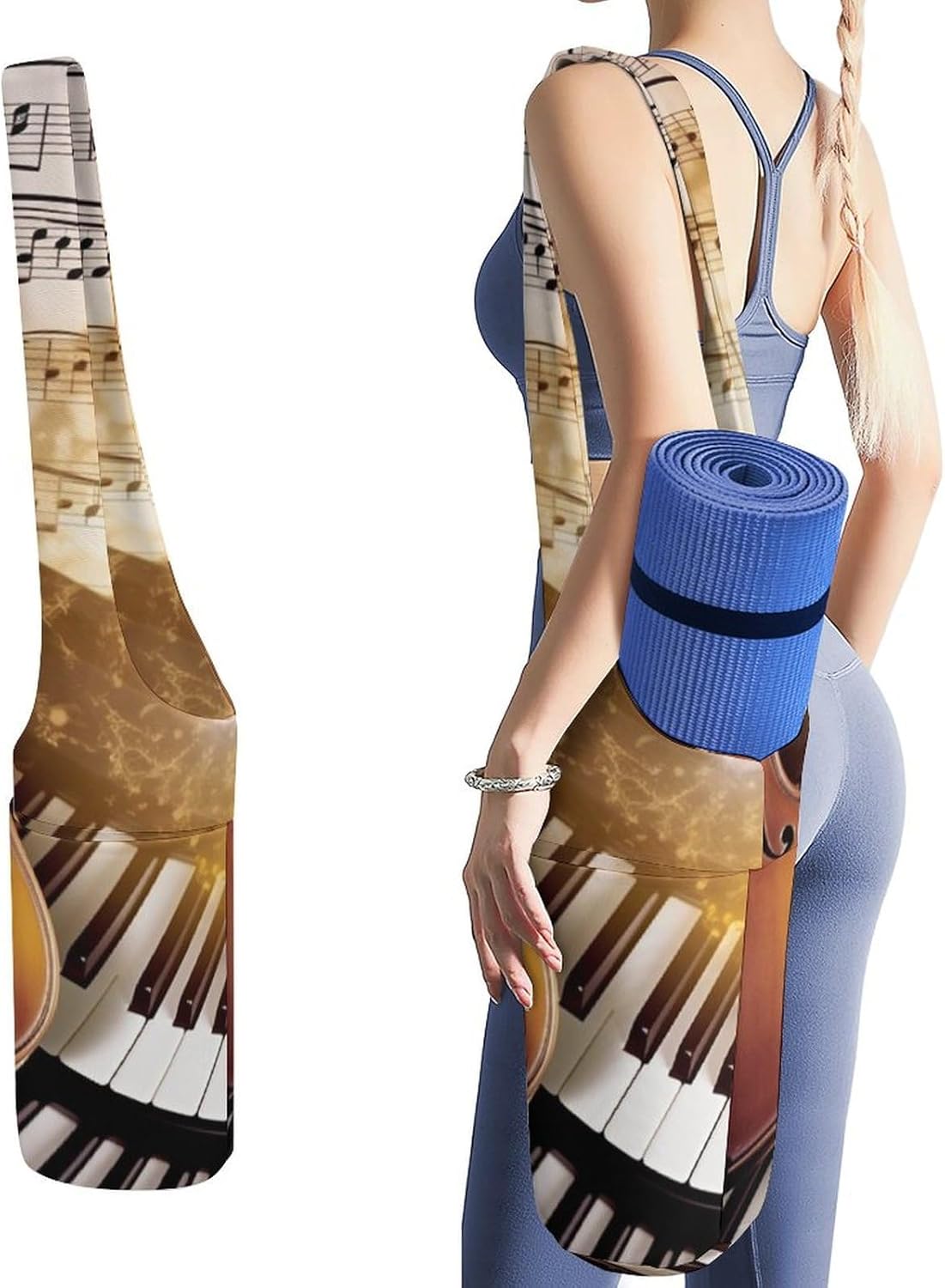 Piano Violin Music Notes Yoga Mat Bag, Durable Canvas Yoga Mat Storage Bag with Water Bottle Pocket And Bottom Wet Bag, Fits Most Size Yoga Mats