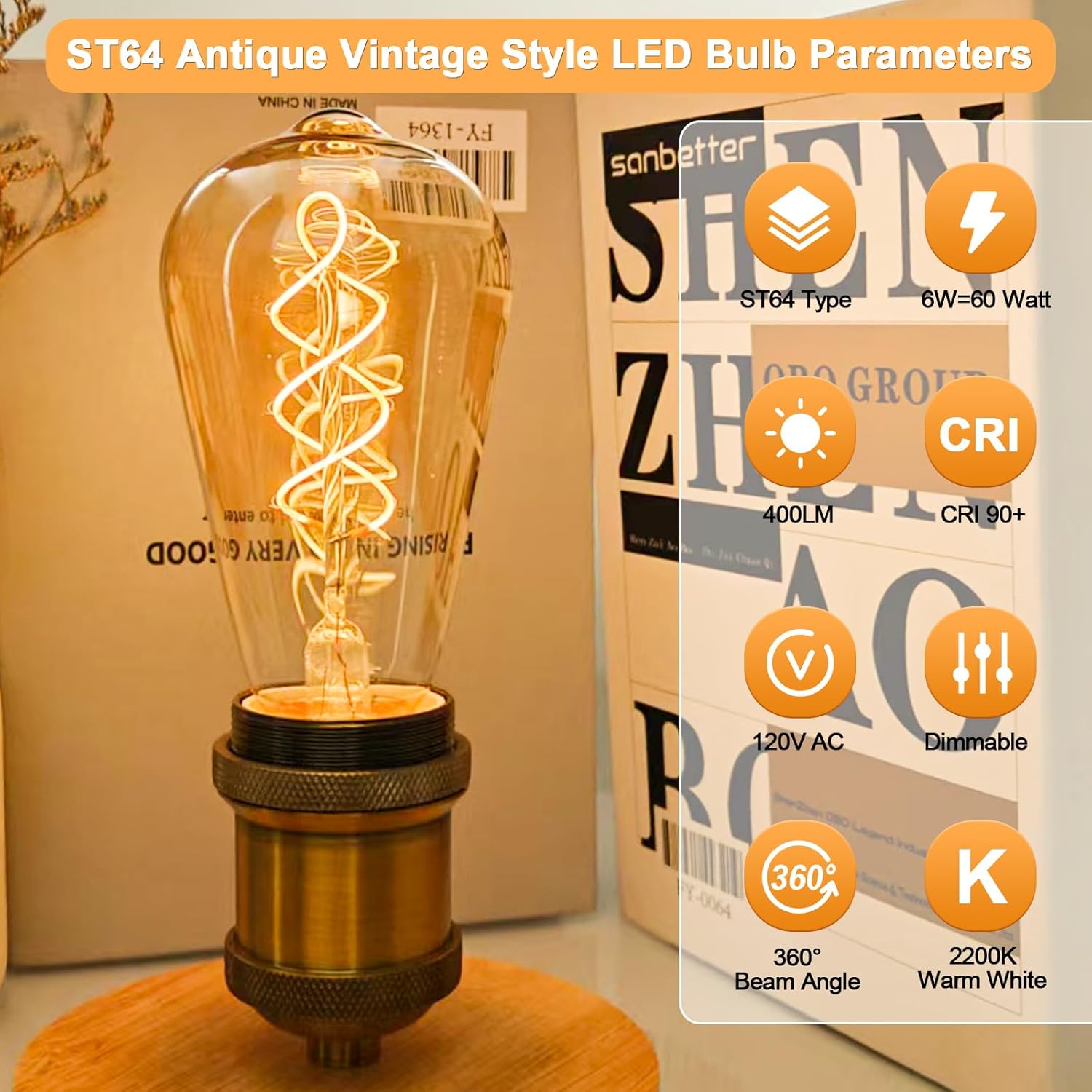 E26 Edison Bulbs 60 Watt LED, ST64 Dimmable Vintage Light Bulbs 6W 2200K Amber Warm Light, ST21 Antique Decorative Light Bulbs, CRI90+, 2 Pack