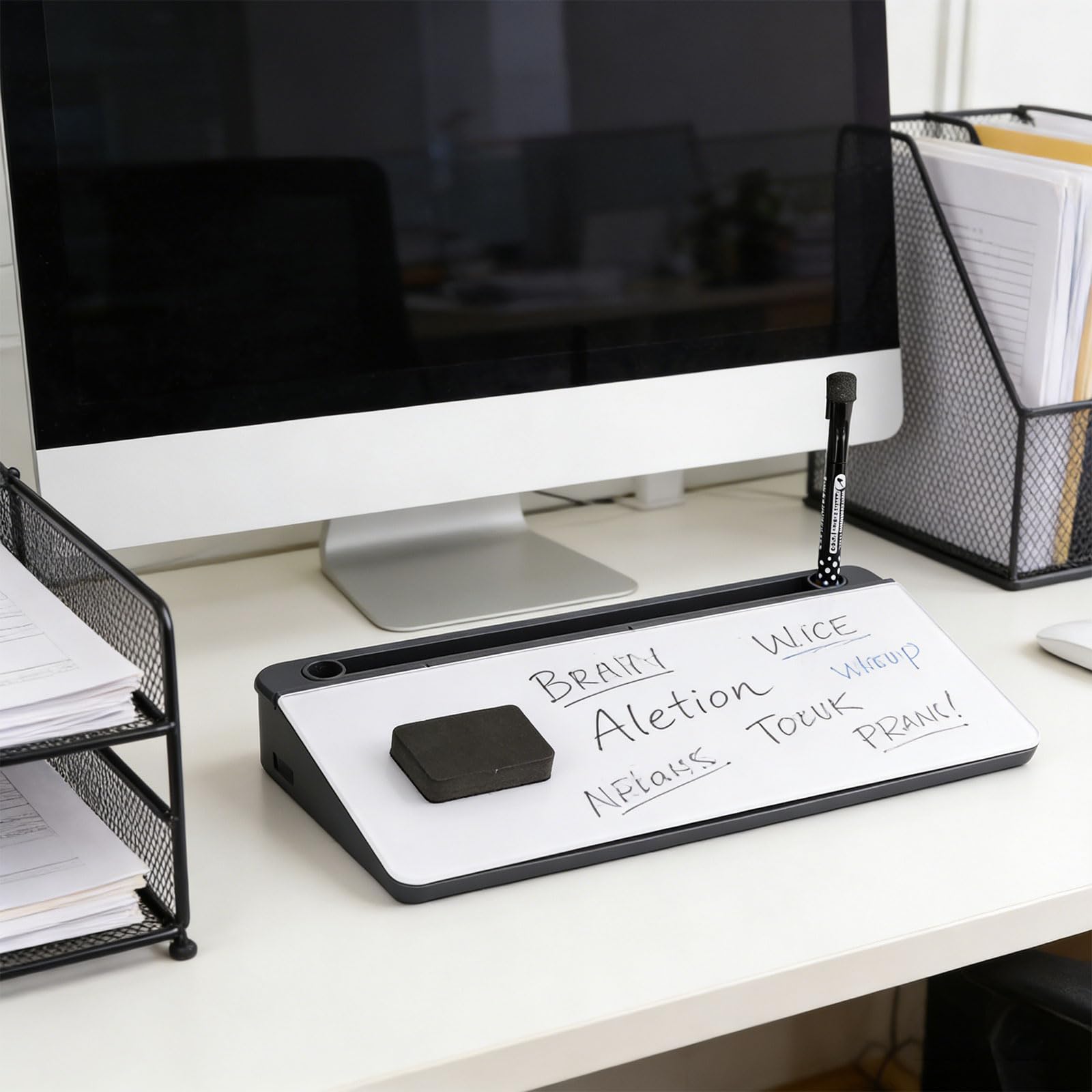 Lavagna per appunti da scrivania per ufficio con vassoio per accessori integrato e porta ricarica, in plastica ABS, portatile, leggero, cancellabile, larghezza 16, 5 cm