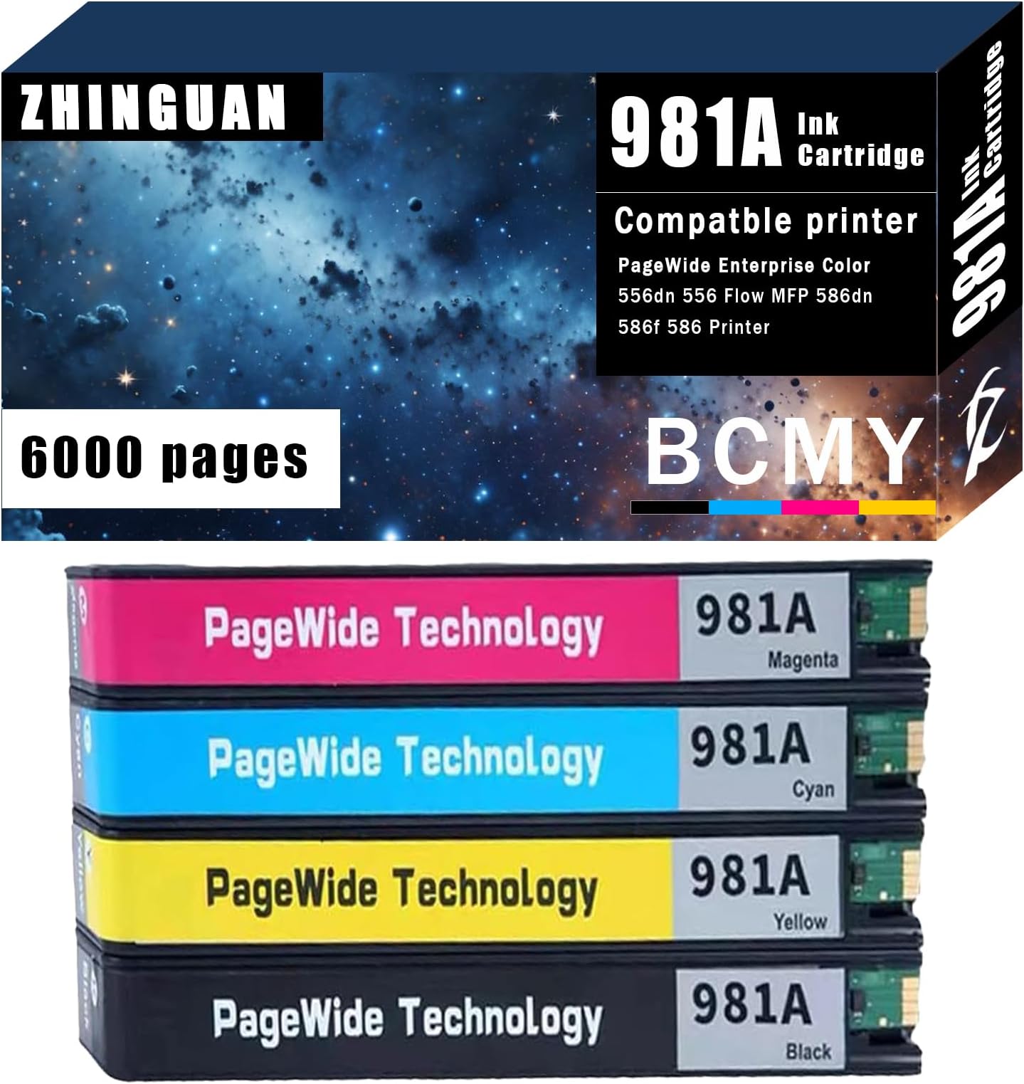 Remanufactured 981A 981 Ink Cartridge Works for 981a Ink cartridges for PageWide Enterprise Color 556dn 556 Flow MFP 586dn 586f 586 Printer (4-Pack)
