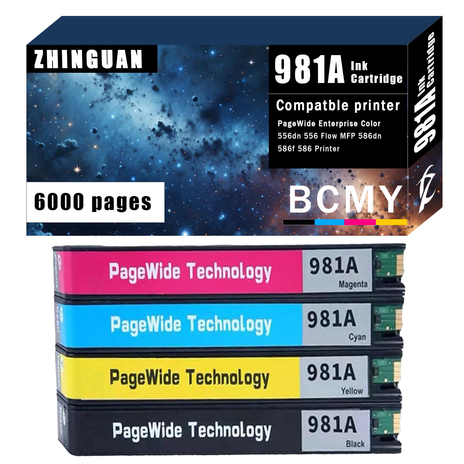 Remanufactured 981A 981 Ink Cartridge Works for 981a Ink cartridges for PageWide Enterprise Color 556dn 556 Flow MFP 586dn 586f 586 Printer (4-Pack)