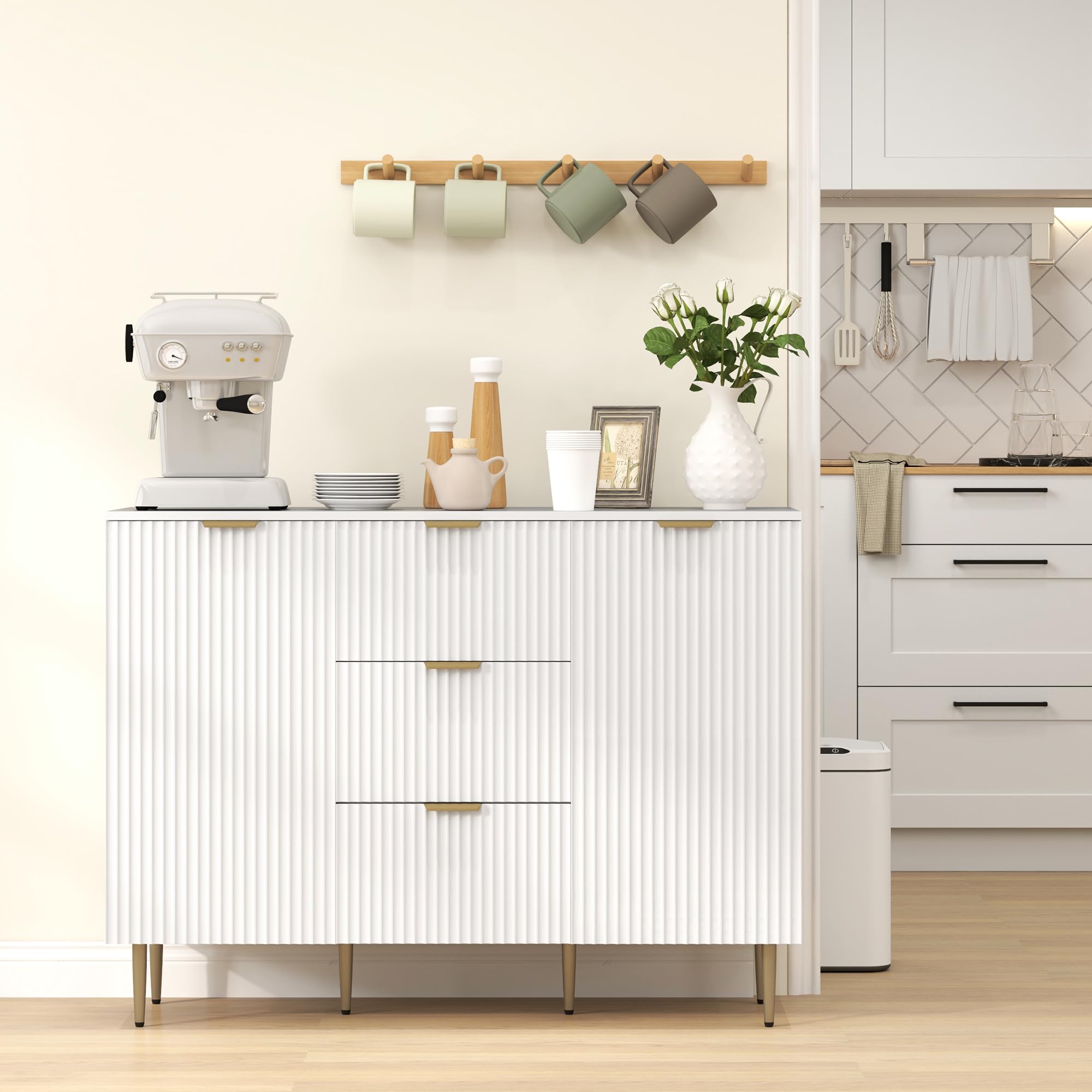 HOMCOM Credenza Cucina Buffet Moderna 3 Cassetti 2 Ante 120x40x90 cm Bianco | 2 Armadietti, Ripiani, Piedini Regolabili, Mobile Cucina, Madia Soggiorno Moderna, Ingresso, Legno