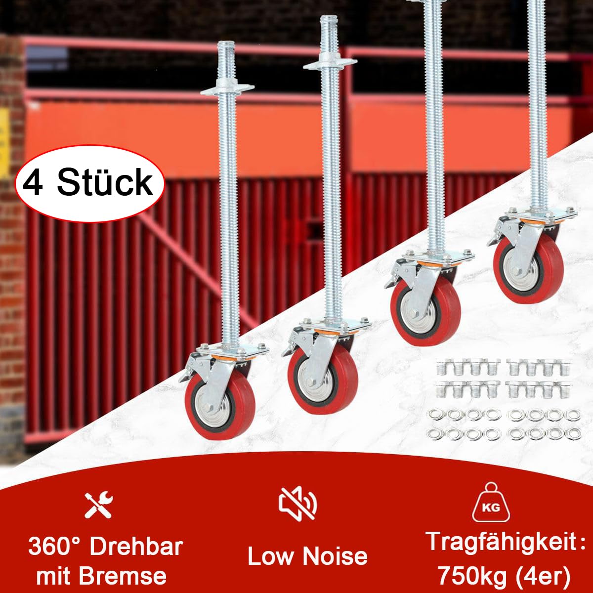 4 Stück Gerüstrollen 190 mm Stahlspindel Gerüsträder mit Bremsem | 360° Drehbar, 750kg Tragfähigkeit, Spindelrollen Gerüst Schwerlastrollen Räder, für Arbeitsgerüste Transportrollen Lenkrollen