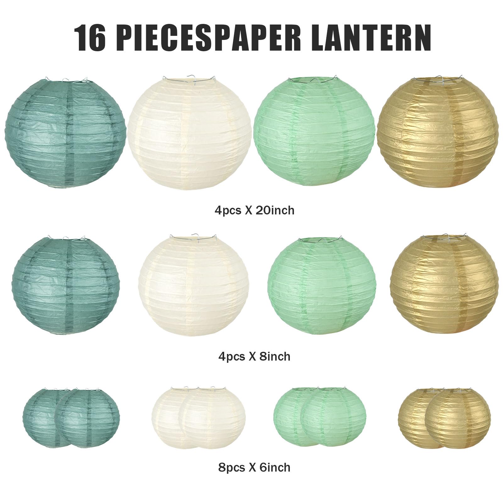 16PCS Colorful Lantern Lights, White Round Rice Paper Lamp Shades, Chinese/Japanese Paper Lantern Pendant Light for Party Decoration, Wedding, Home Decor