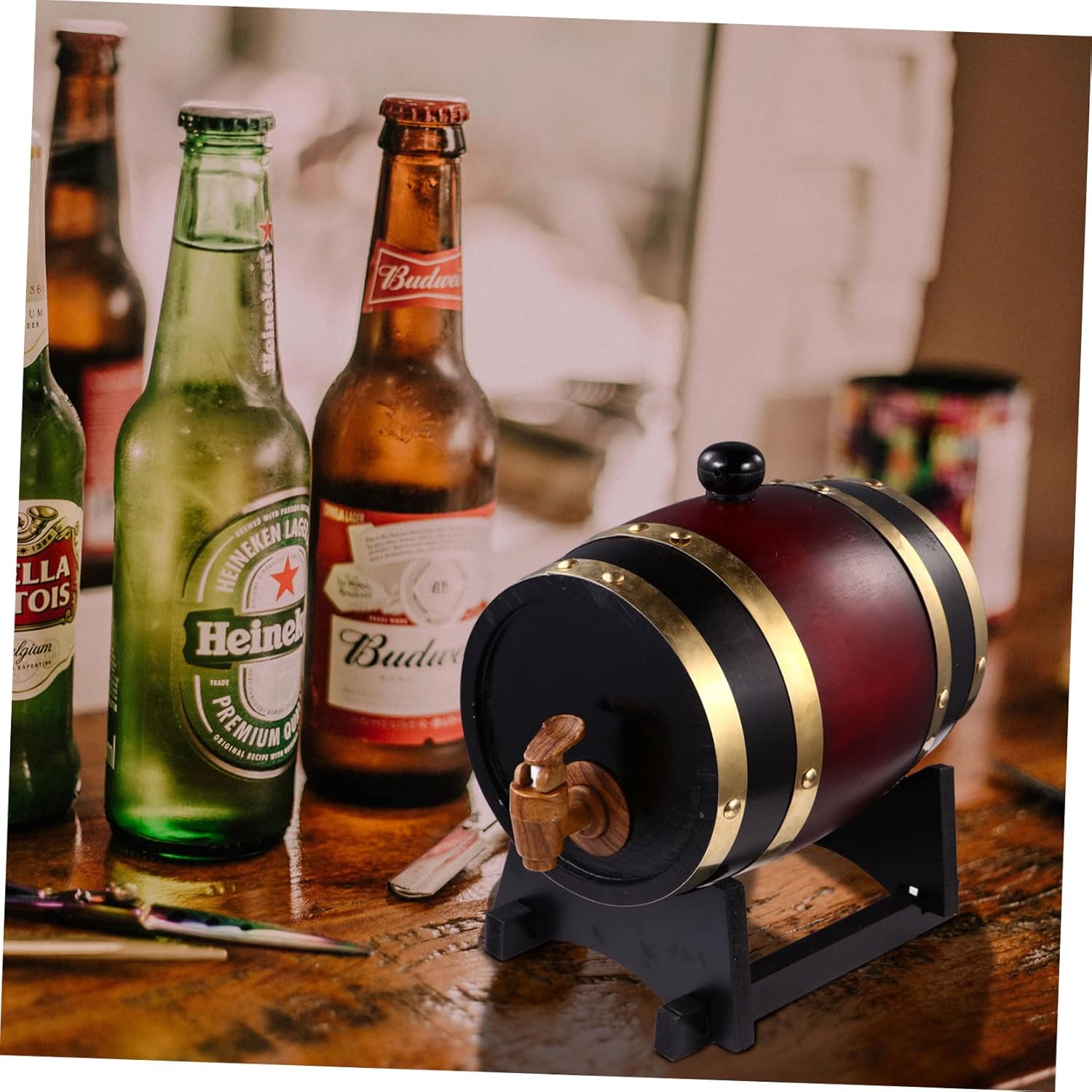 SECFOU 1pc Red Wine Barrel Set Rustic Pine Wood Wine Dispenser for Beer Spirits Storage Cask for Home Bar Decor for Parties Casual Gatherings