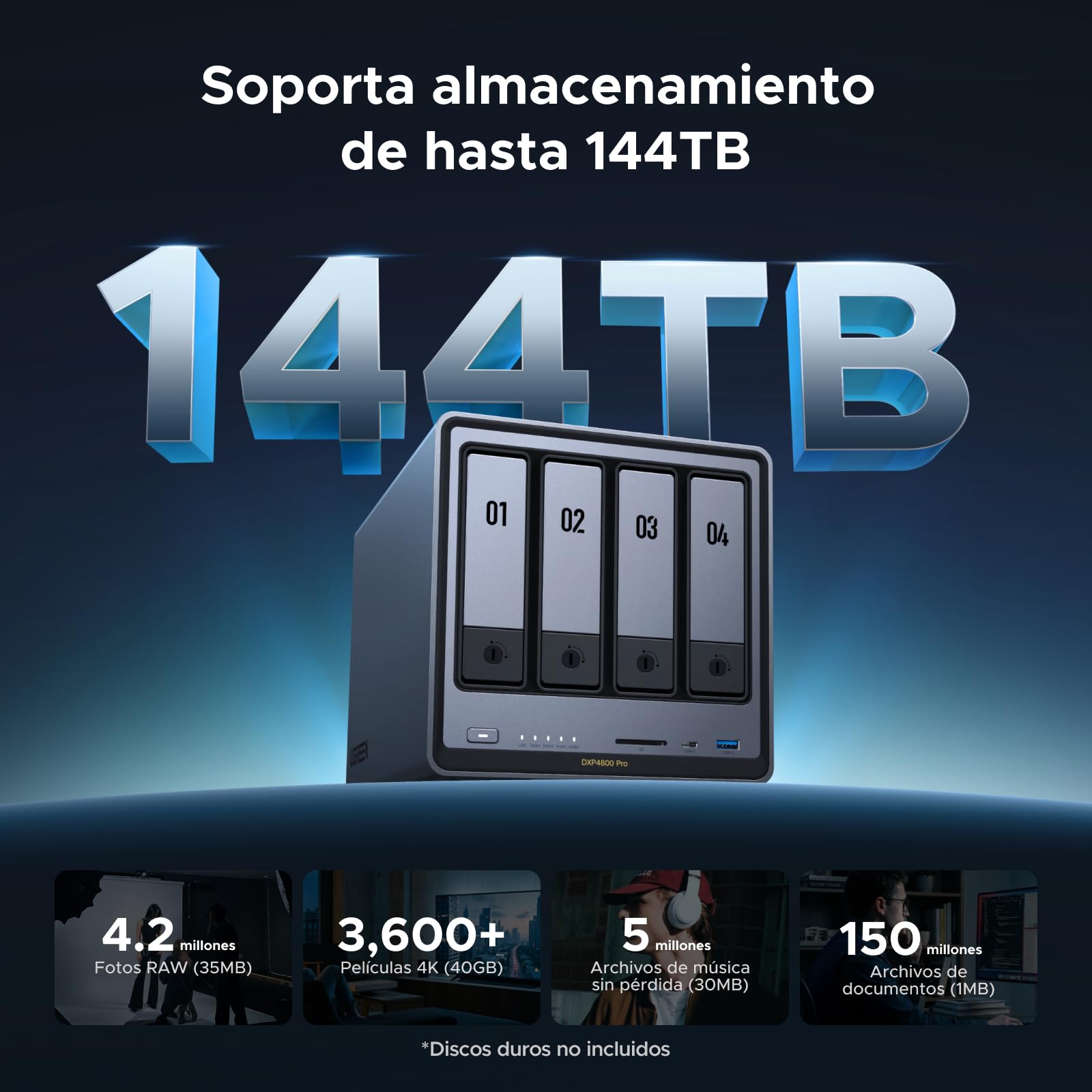 UGREEN NASync DXP4800 Pro NAS de Escritorio 4 bahías, CPU Intel i3-1315U (6 núcleos), 8GB DDR5 (hasta 96GB), 128G SSD, 1x10GbE, 1x2,5GbE, 2 Ranuras M.2 NVMe, HDMI 4K (sin Discos)