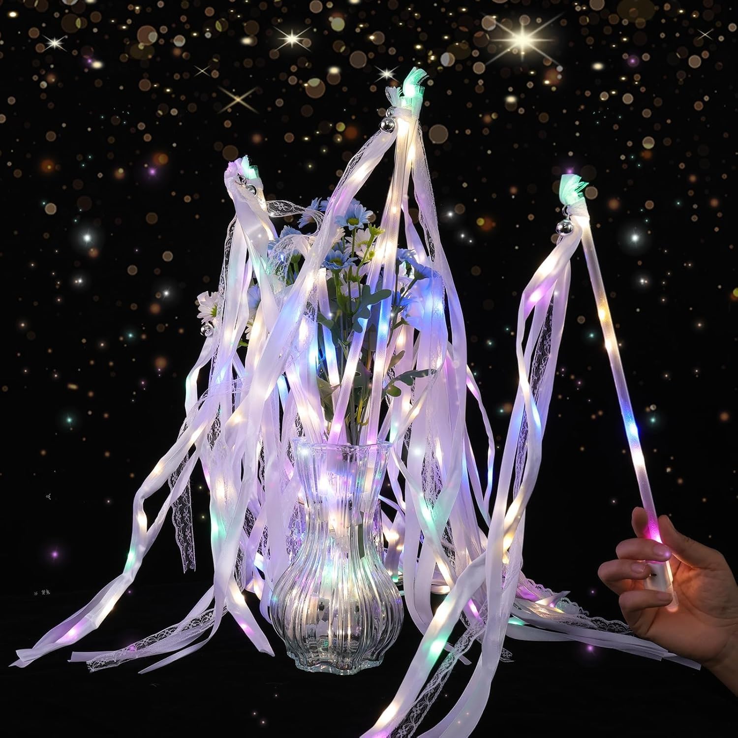 LED Hochzeitswedel – Leuchtende Hochzeitsdeko mit Warmweißem & buntem Licht | mit Bändern und Glöckchen – Wedding Wands Perfekt für Hochzeitsauszug, Partys & Feiern (50)