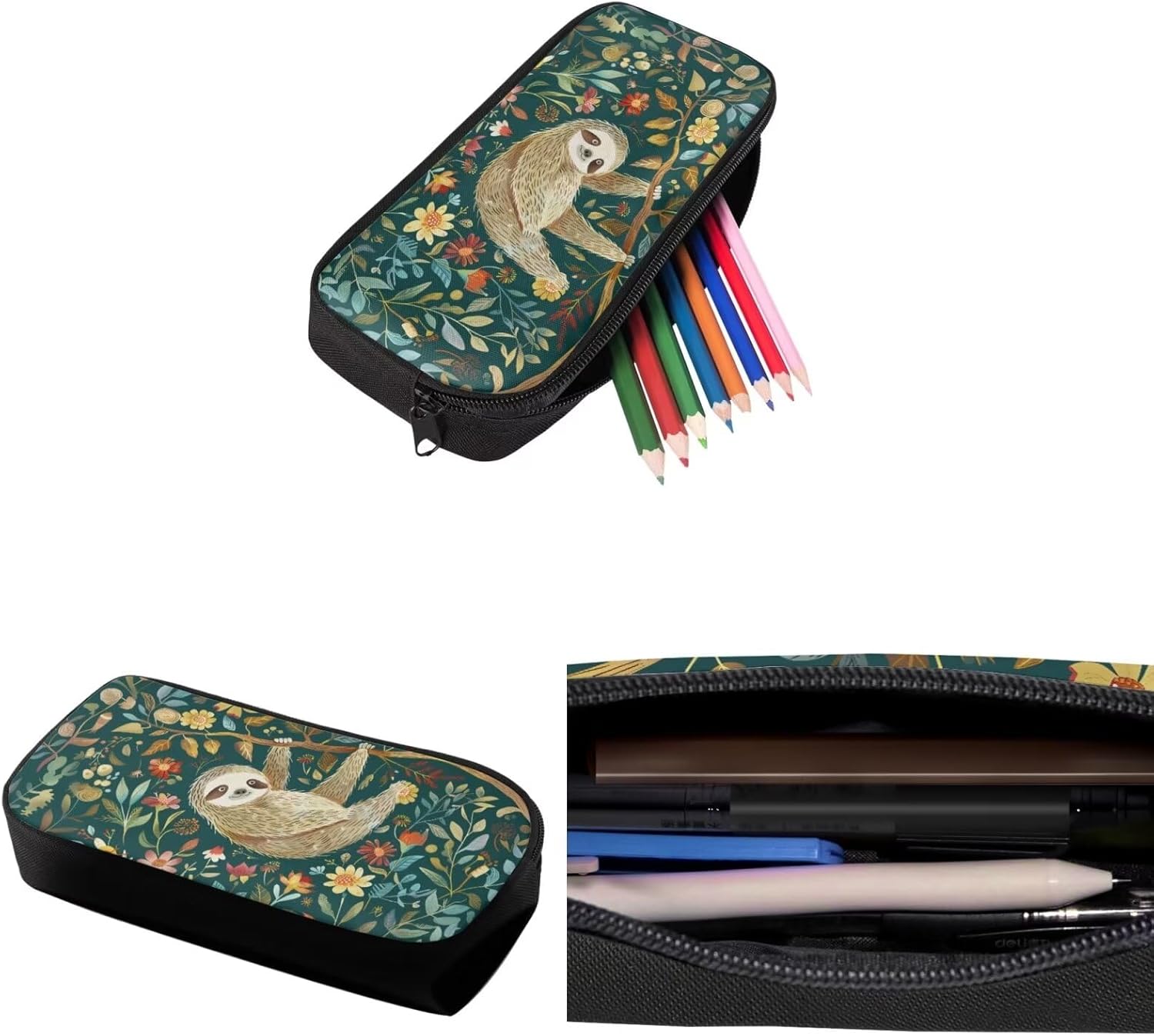 Sloth Floral School Backpack with Insulated Lunch Box Pencil Case Water Bottle Holder for Teens 4 Pcs Set, Student Bookbag School Bag Boys Girls Daypack for Travel Sport