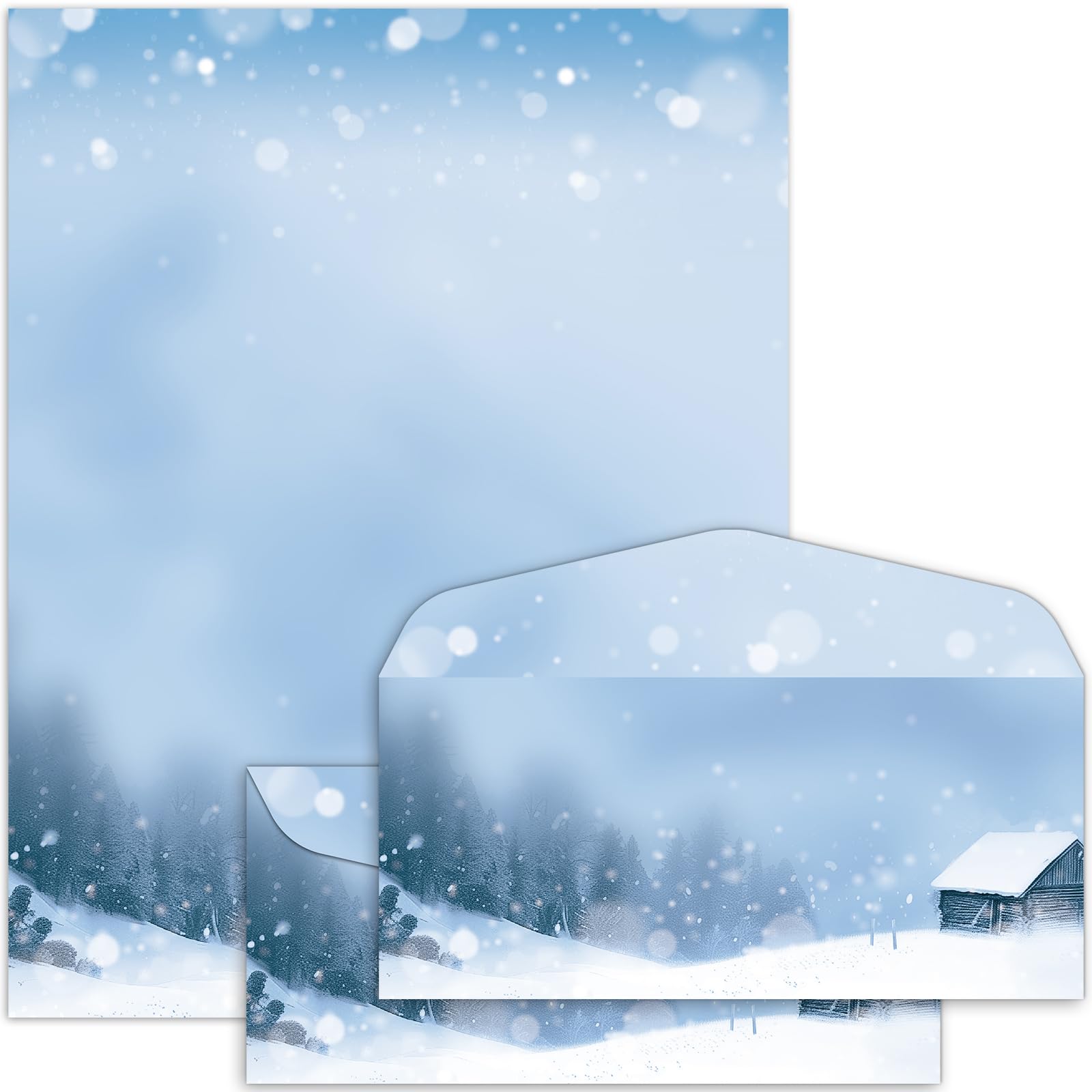 Lonfliness 50 Set Winter Christmas Letterhead Paper with Envelopes Blue Snow Computer Print Paper Snowflake Stationery for Note Letters to Santa