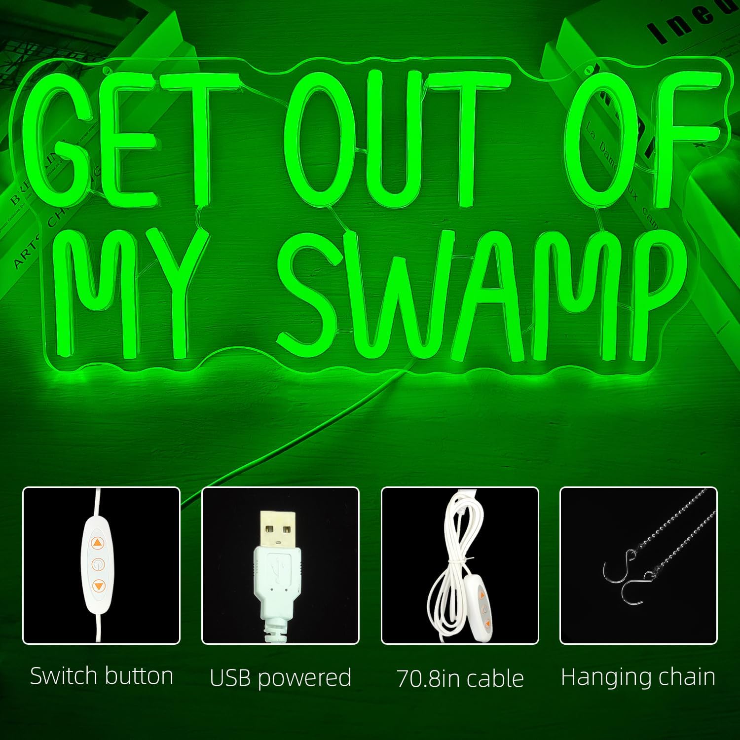 Get Out of My Swamp Neon Sign Green Led Signs for Bedroom Wall USB Funny Neon Lights for Home Theme Party Birthday Kids Room Decor