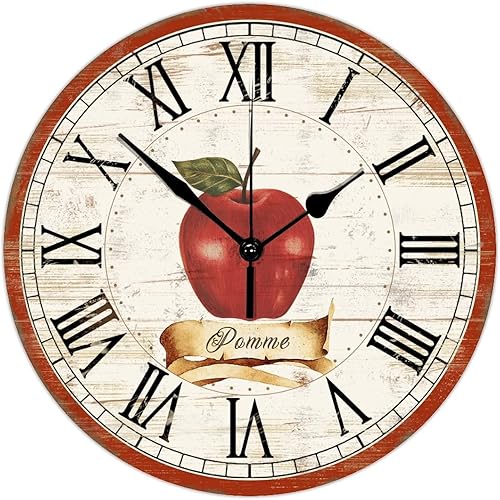 Reloj de pared de madera con texto personalizado, manzanas, frutas, funciona con pilas, fácil de leer, reloj de pared redondo clásico de estilo