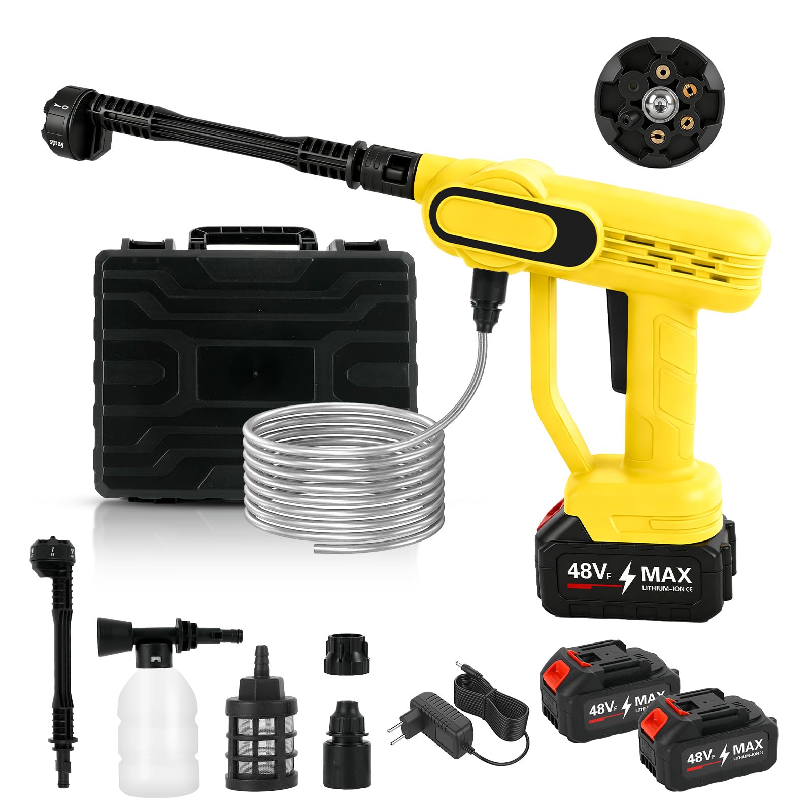 Idropulitrice Portatile, 650 Bar Idropulitrice a Batteria con 2 Batterie da 2400mAh, Motore Brushless, Ugello 6 in 1, Tubo 5 M e Scatola Portaoggetti, per Giardino, Auto e Pulizie Esterne