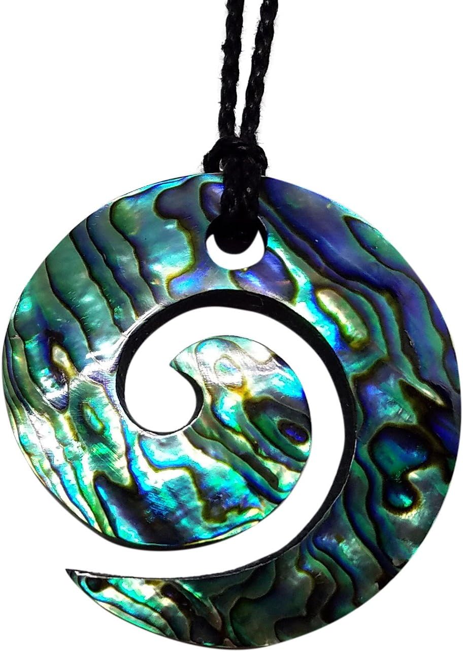 Koru Necklace - Hawaiian Jewelry - Large Paua Abalone Shell Pendant on Black Adjustable Cord, 32 Inch