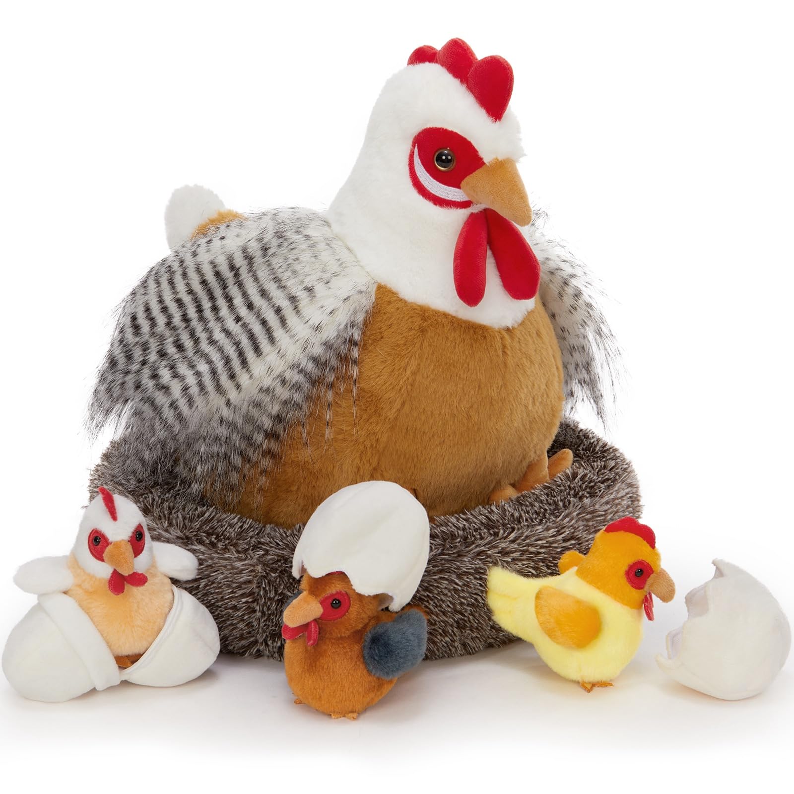 8Pcs Chicken Stuffed Animal, Stuffed White Hen with Little Baby Chicks and Coop, Plush Toys for Kids, Hit of Christmas Farm Party