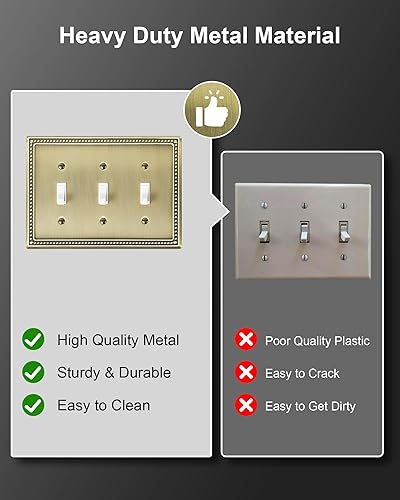 Miniatura 4 de TREEWELL Paquete de 2 placas de triple interruptor de luz de palanca, cubiertas decorativas de perlas, placa de pared de metal de 3 segmentos de