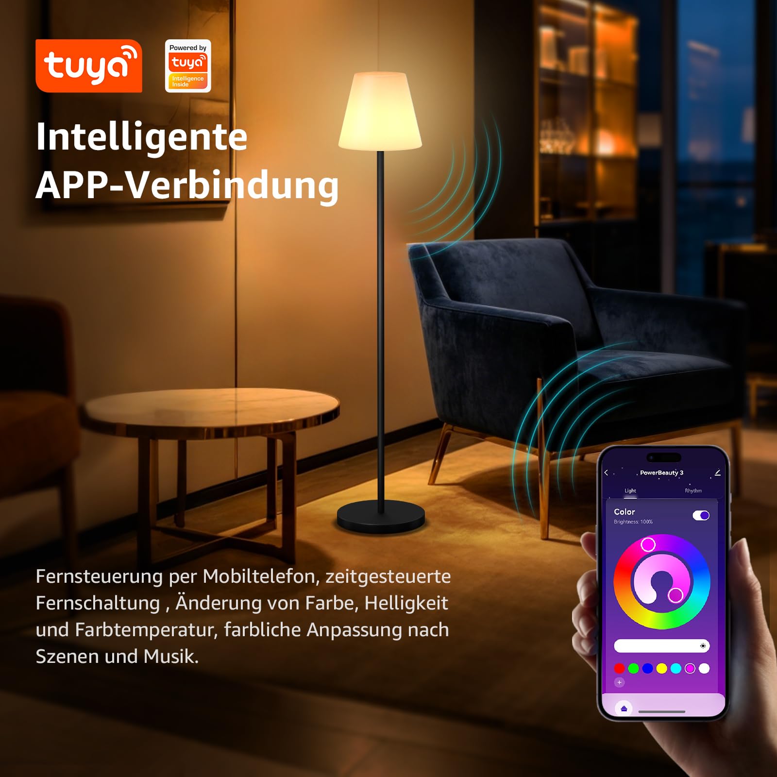 uuffoo Outdoor Stehlampe LED Dimmbar Wiederaufladbar USB Höhenverstellbar RGB Warmweiß APP E27 Metall Rundsockel