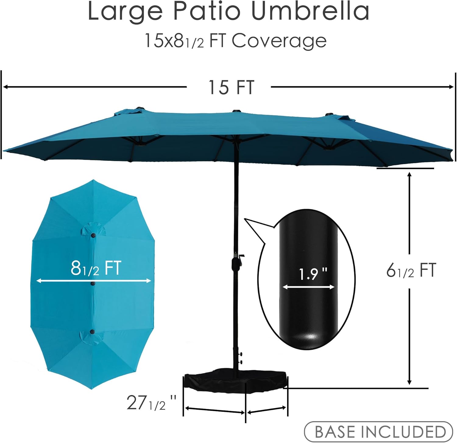 Kozyard 15ft Double-Sided Rectangular Patio Umbrella, Base Included, Crank Lift Outdoor Market Umbrella with UV Protection for Backyard, Pool & Garden Blue