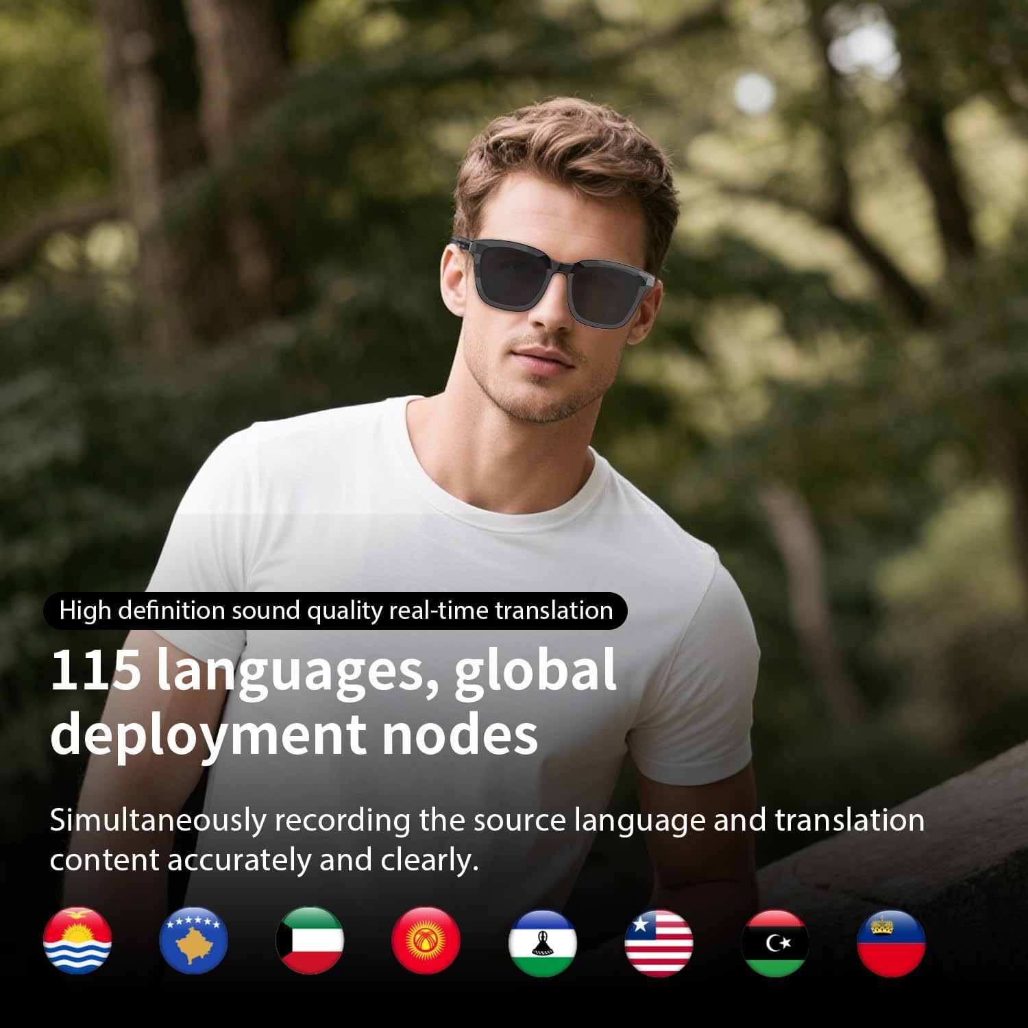 Two people engaged in a face-to-face conversation, with translation text appearing on screen, illustrating the real-time translation feature.